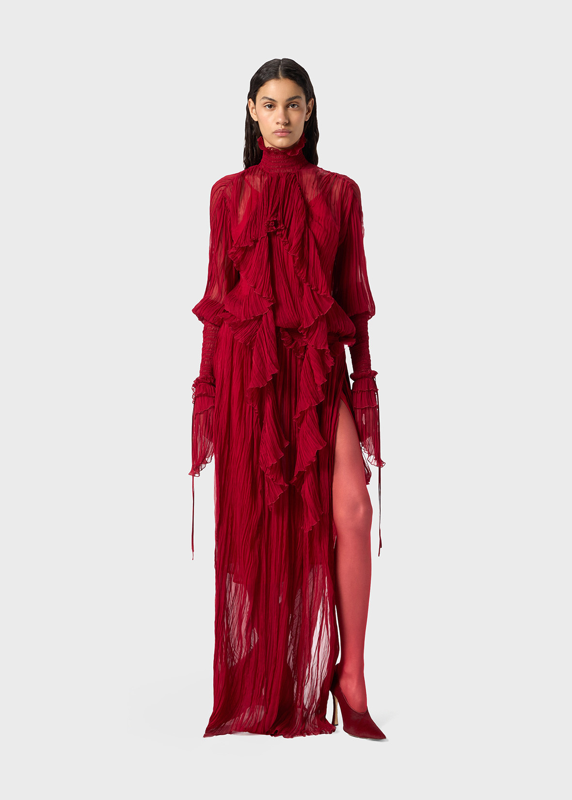 LONG PLEATED SILK CHIFFON DRESS WITH SPLIT - 2