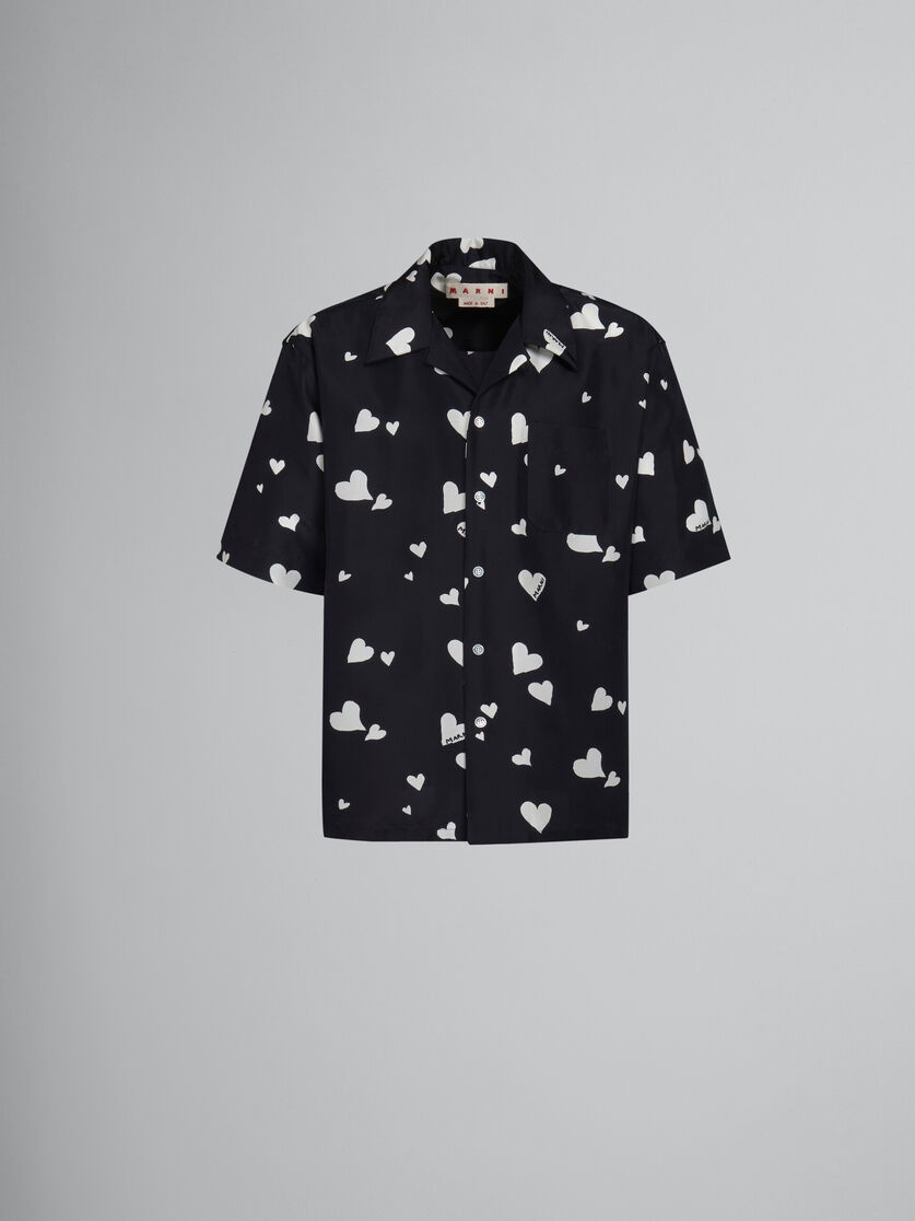 BLACK SILK SHIRT WITH BUNCH OF HEARTS PRINT - 1