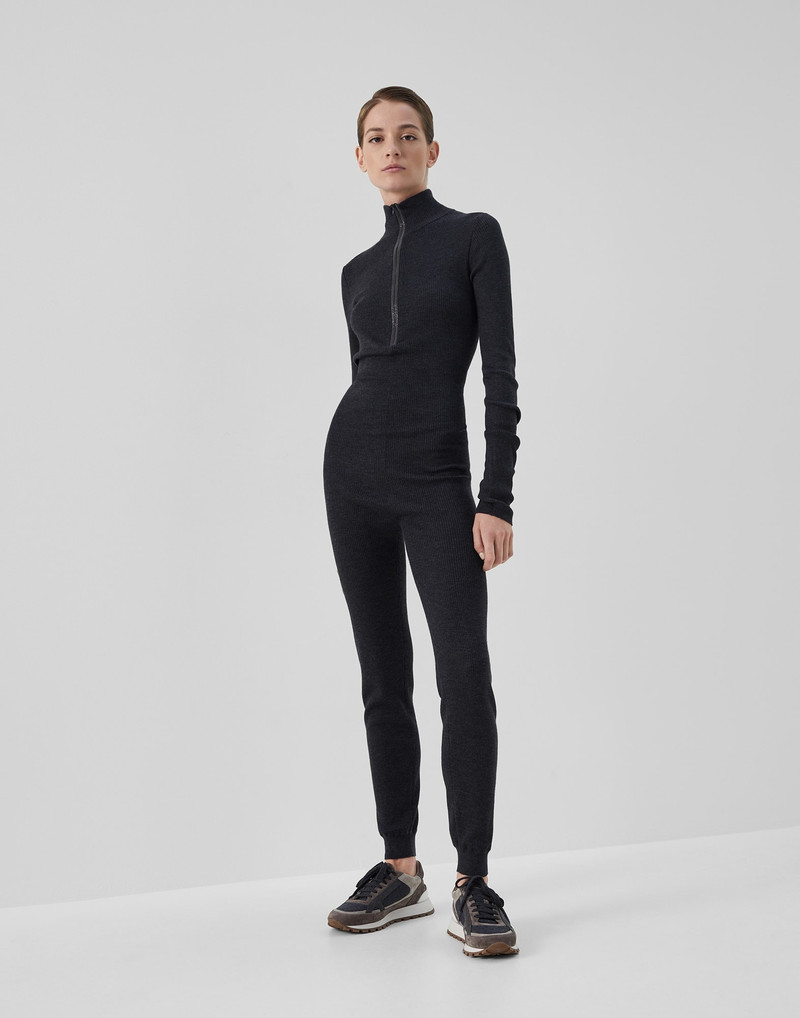 Virgin wool and cashmere lightweight rib knit jumpsuit with precious half zip 1