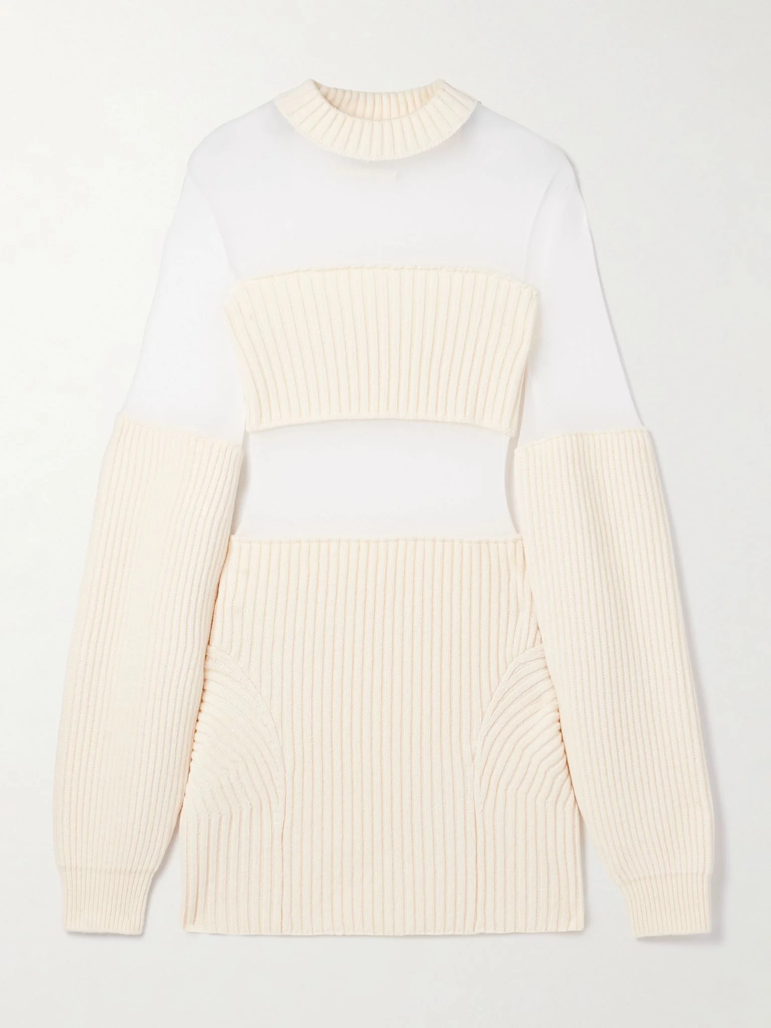 Paneled ribbed wool and mesh mini dress Ecru - 1