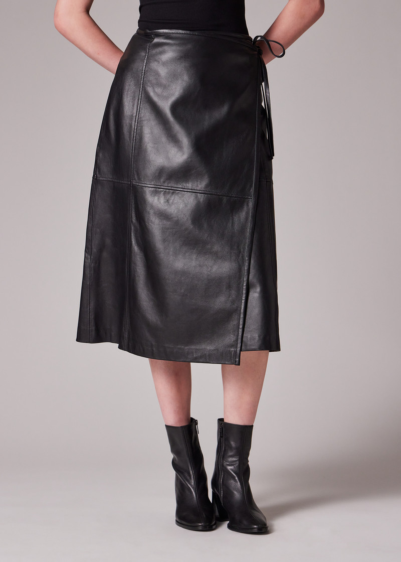 Women's Black Leather Midi Wrap Skirt 3