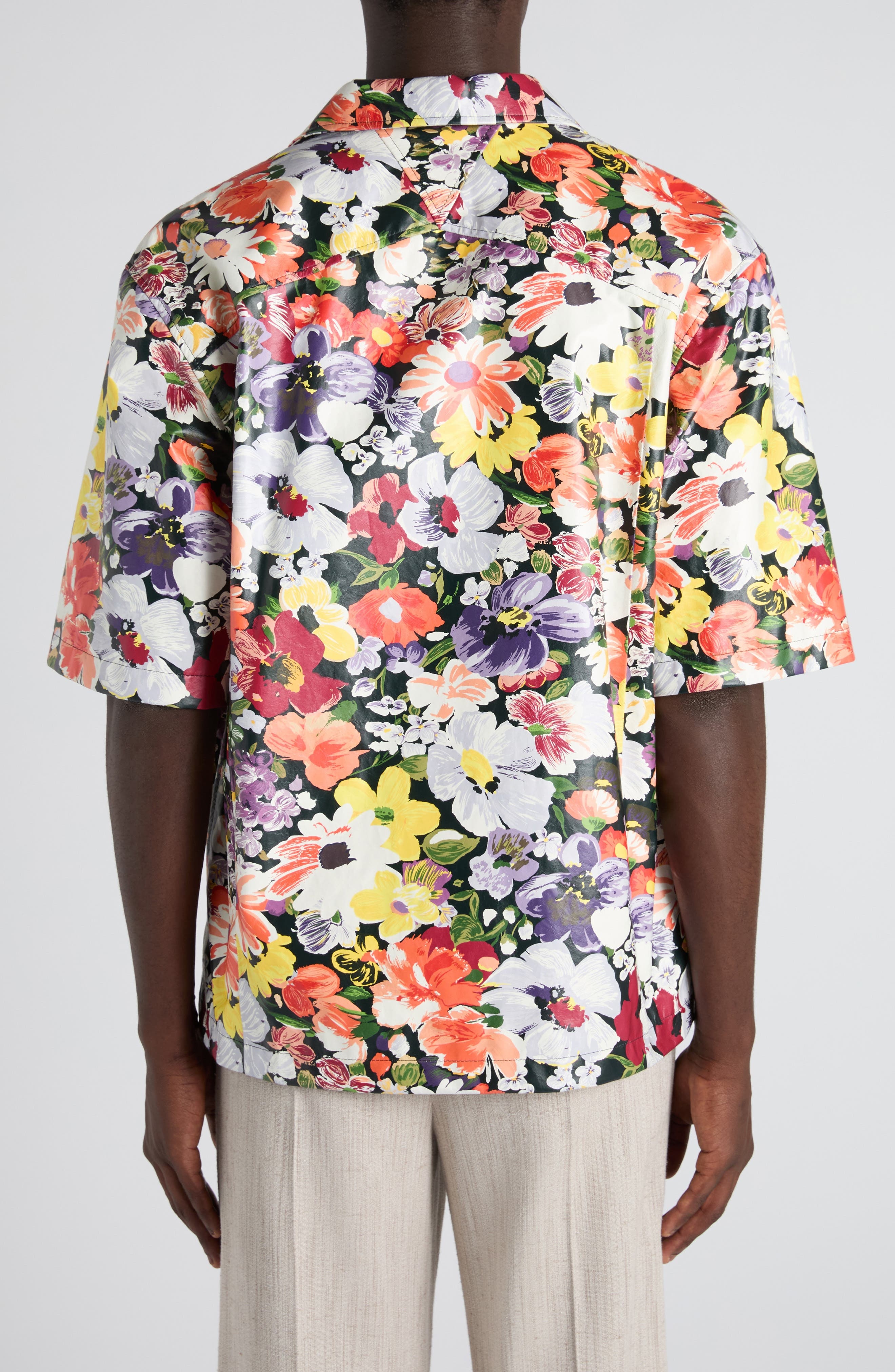 Bottega Veneta Floral Print Leather Camp Shirt in 8383 Multicolor at Nordstrom - 3