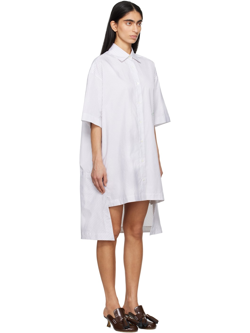 White Stepped Hem Shirt Midi Dress - 2