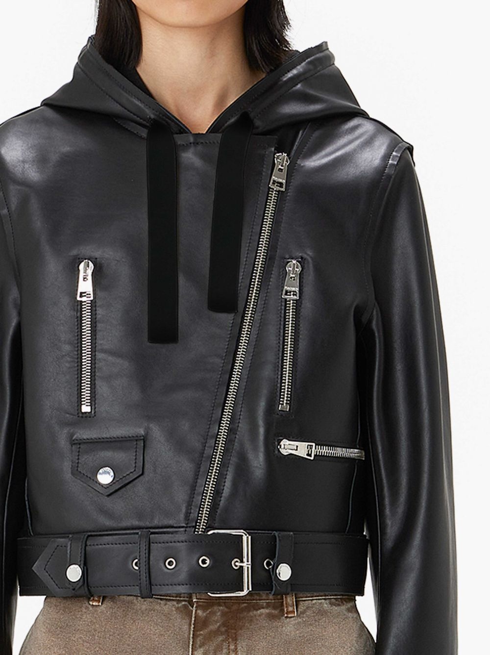 HOODED LEATHER BIKER JACKET - 5