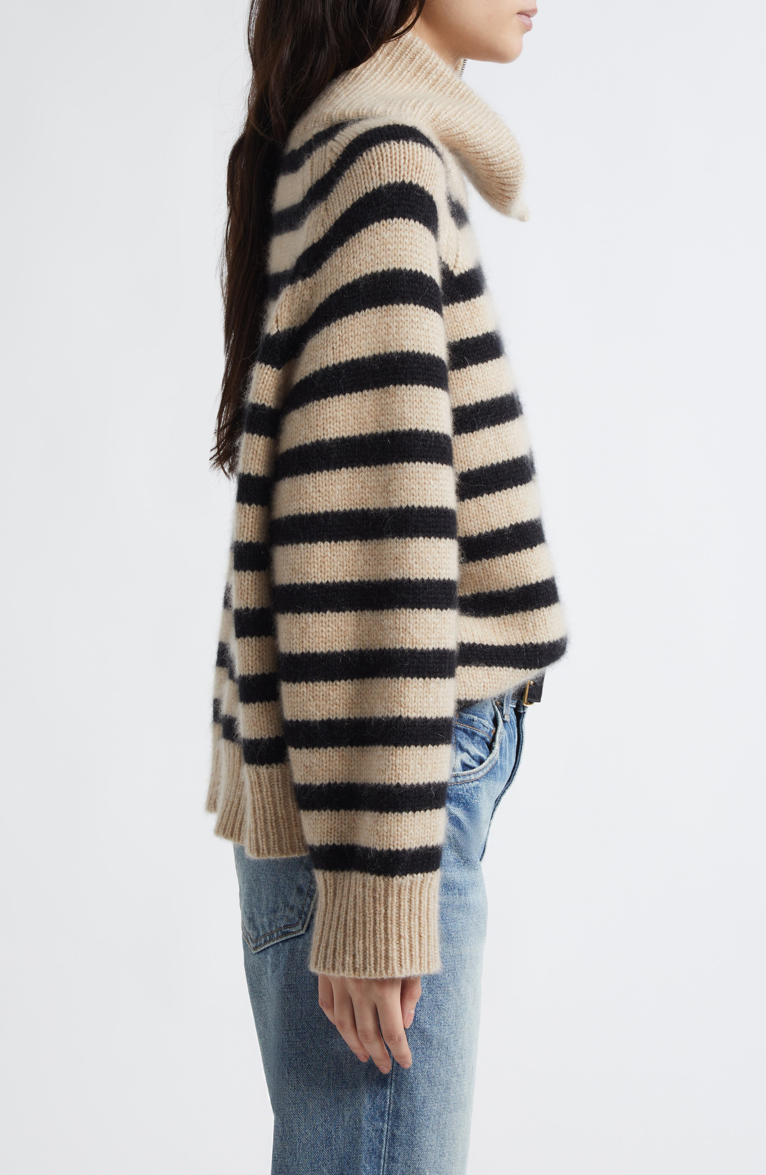 Nili Lotan Raelynn Stripe Turtleneck Cashmere Sweater in Parchment/Black Stripe at Nordstrom - 4