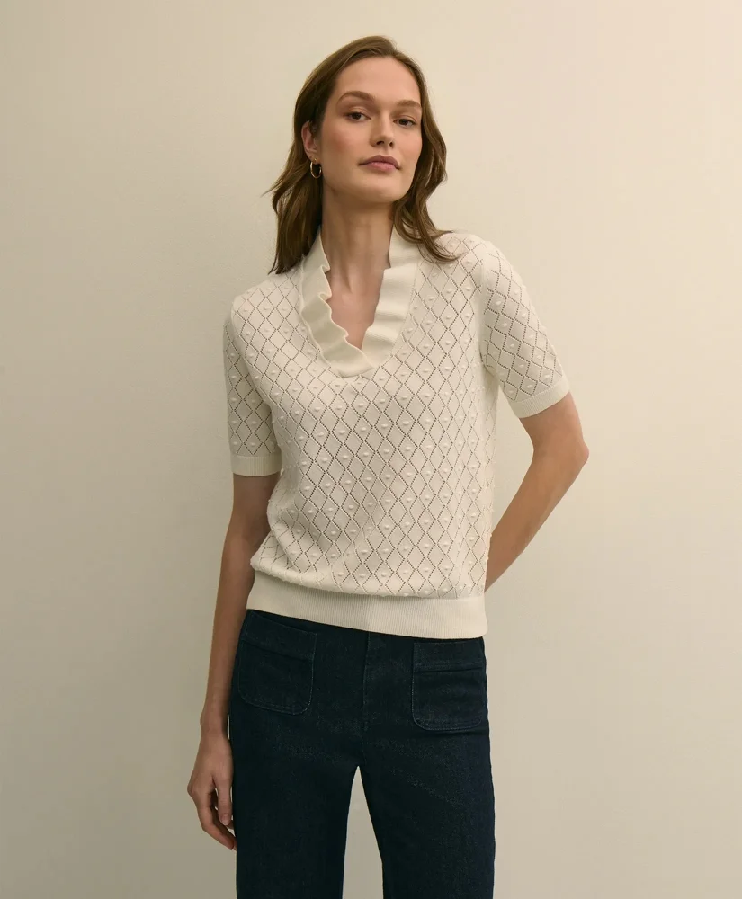 Cotton Viscose Short-Sleeve Ruffle Sweater - 1