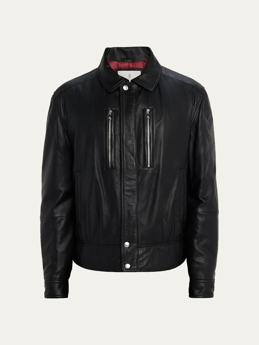 Men's Leather Full-Zip Bomber Jacket with Chest Zips - 1