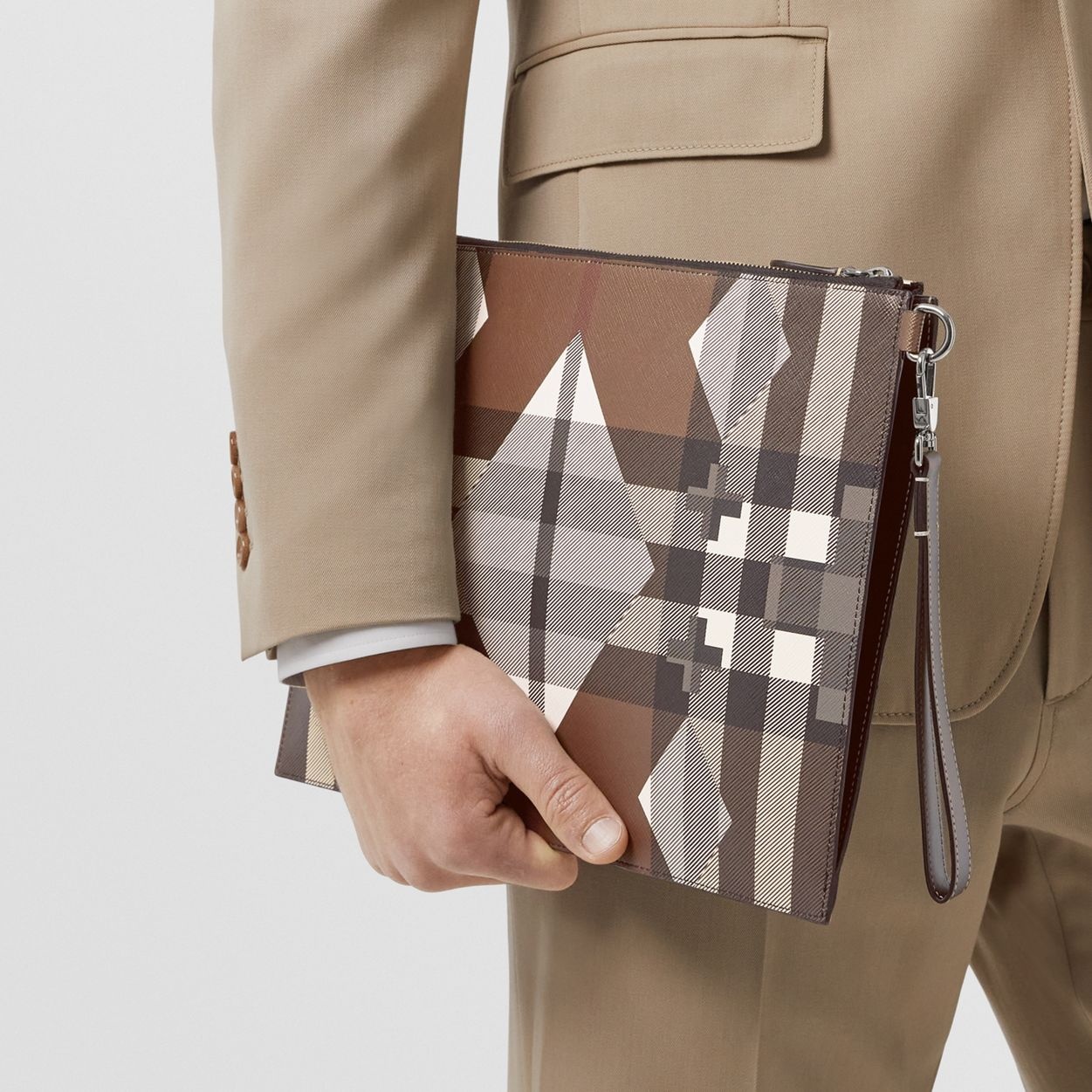 Large Geometric Check and Leather Zip Pouch - 3