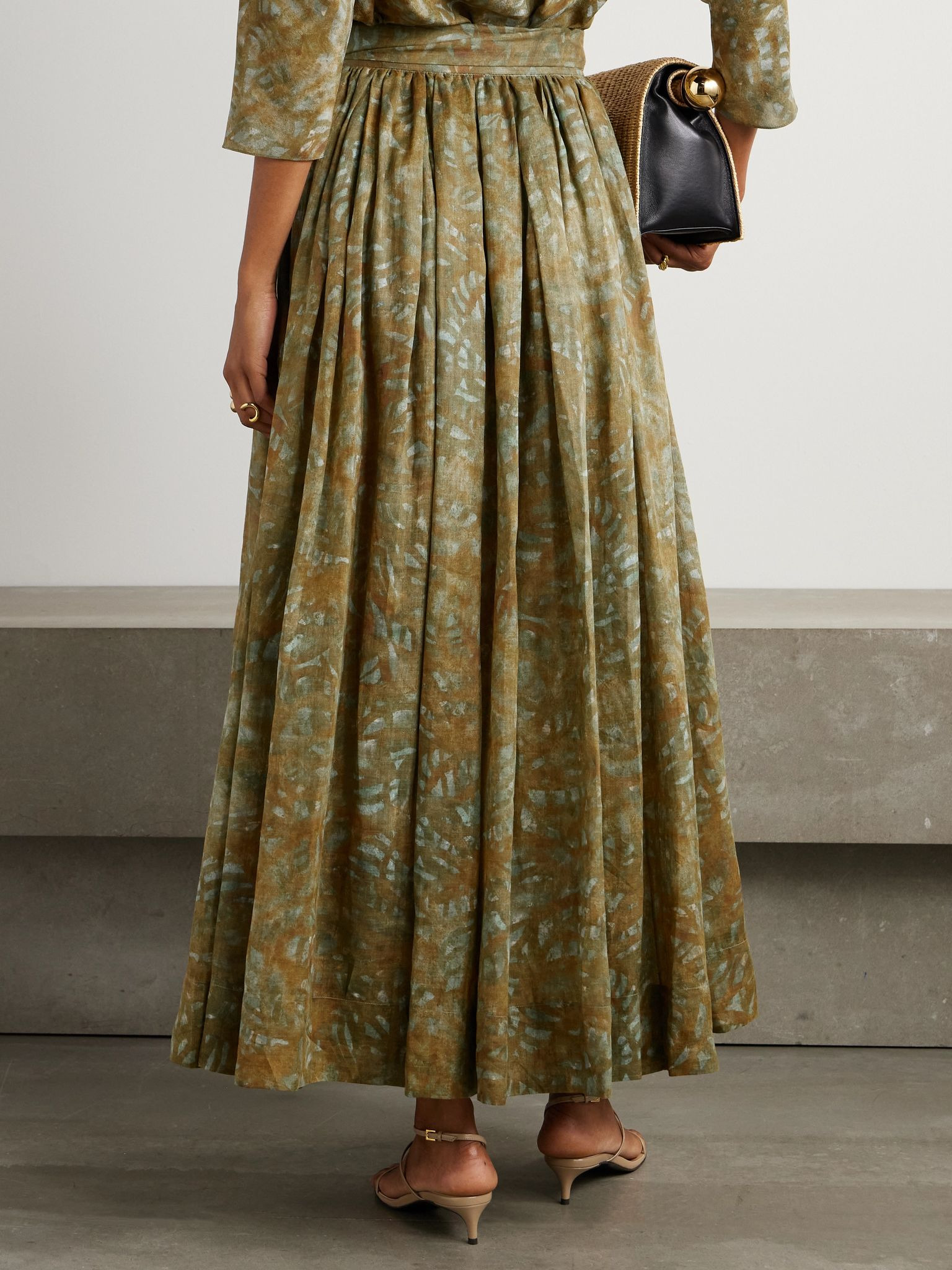 Lil pleated printed ramie maxi skirt Green - 3