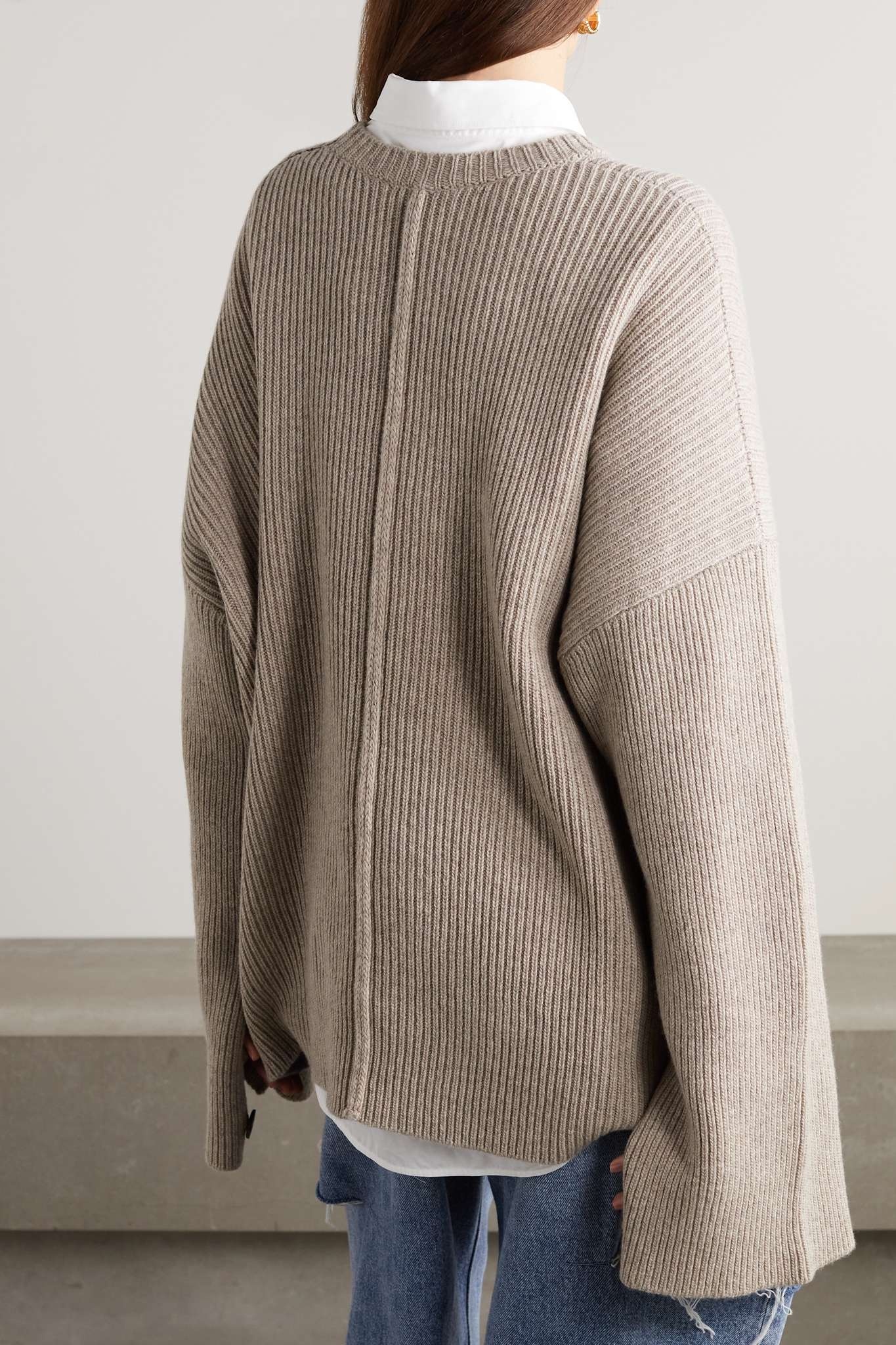 Stone Pure Wool Ribbed Fisherman Jumper