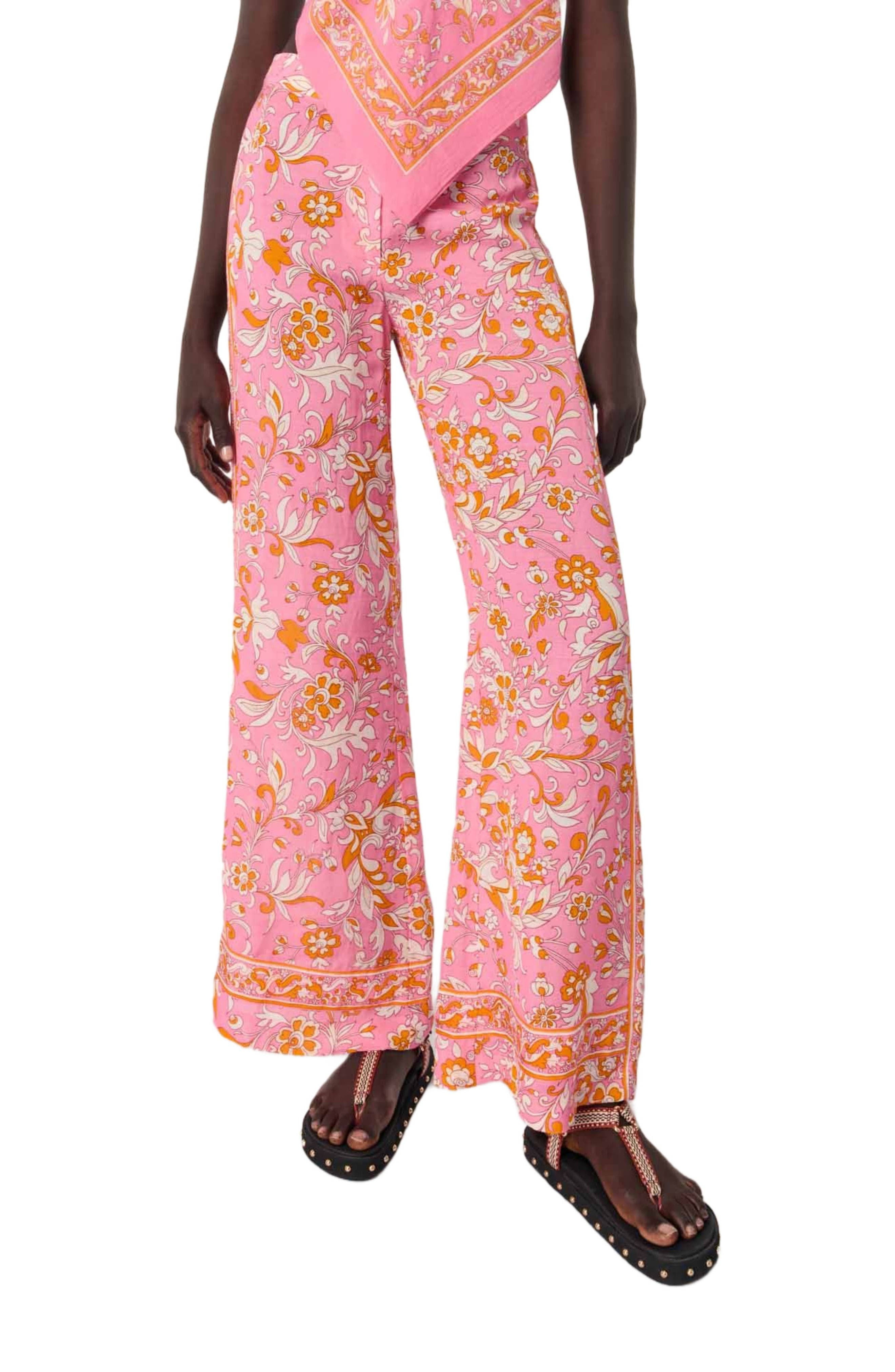 maje Patterned linen trousers in Orange Pink Flowers Print at Nordstrom - 1