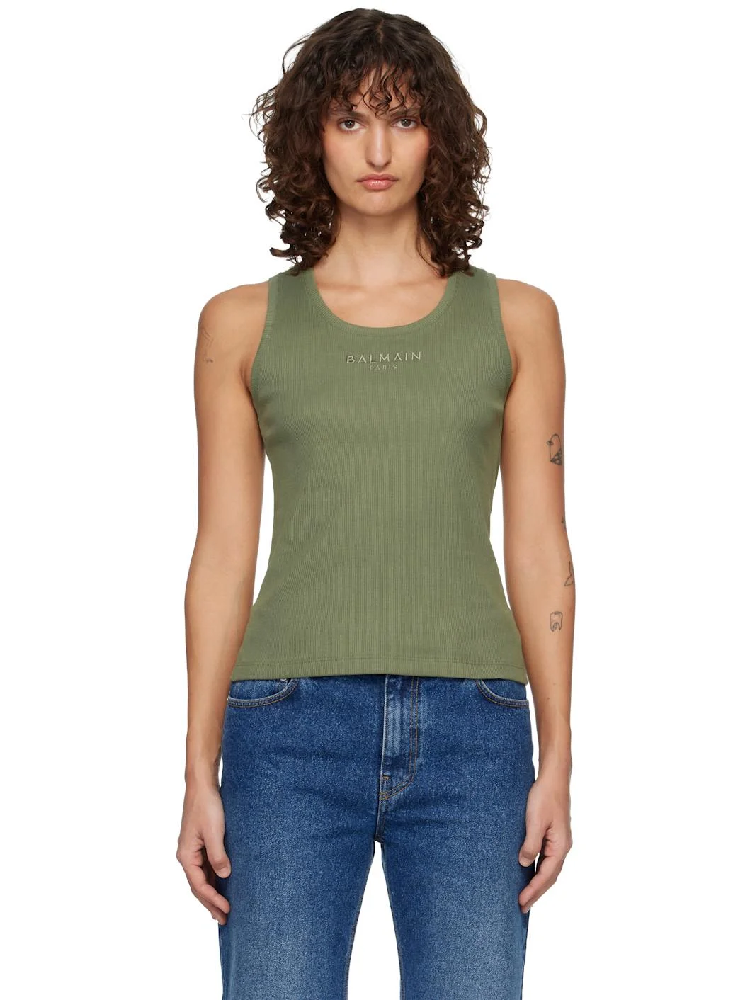 Khaki 'Balmain Paris' Jersey Tank Top - 1