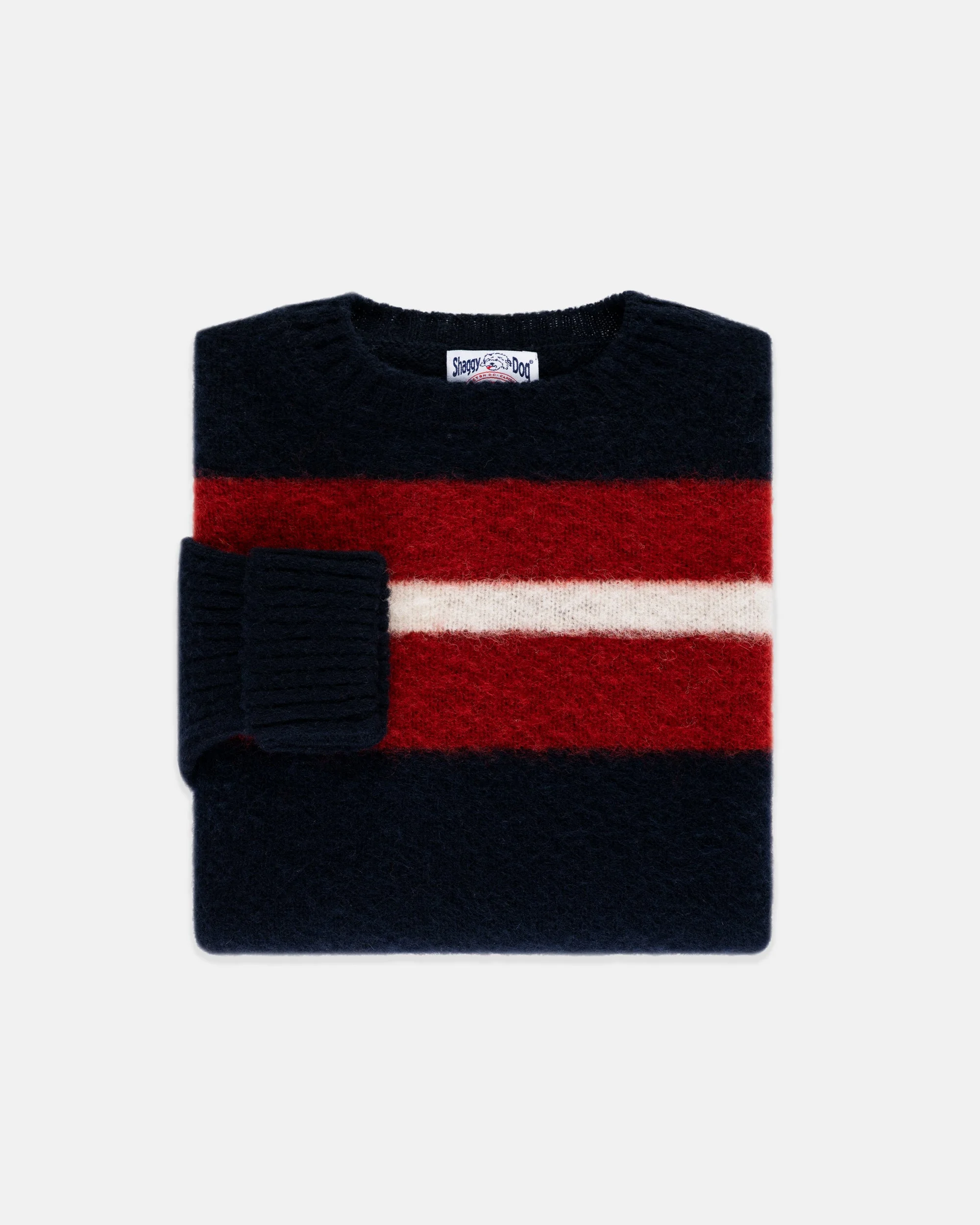 MADE-IN-SCOTLAND NAVY, CRIMSON & WHITE SHAGGY DOG FRAME STRIPE SWEATER - CLASSIC FIT - 1