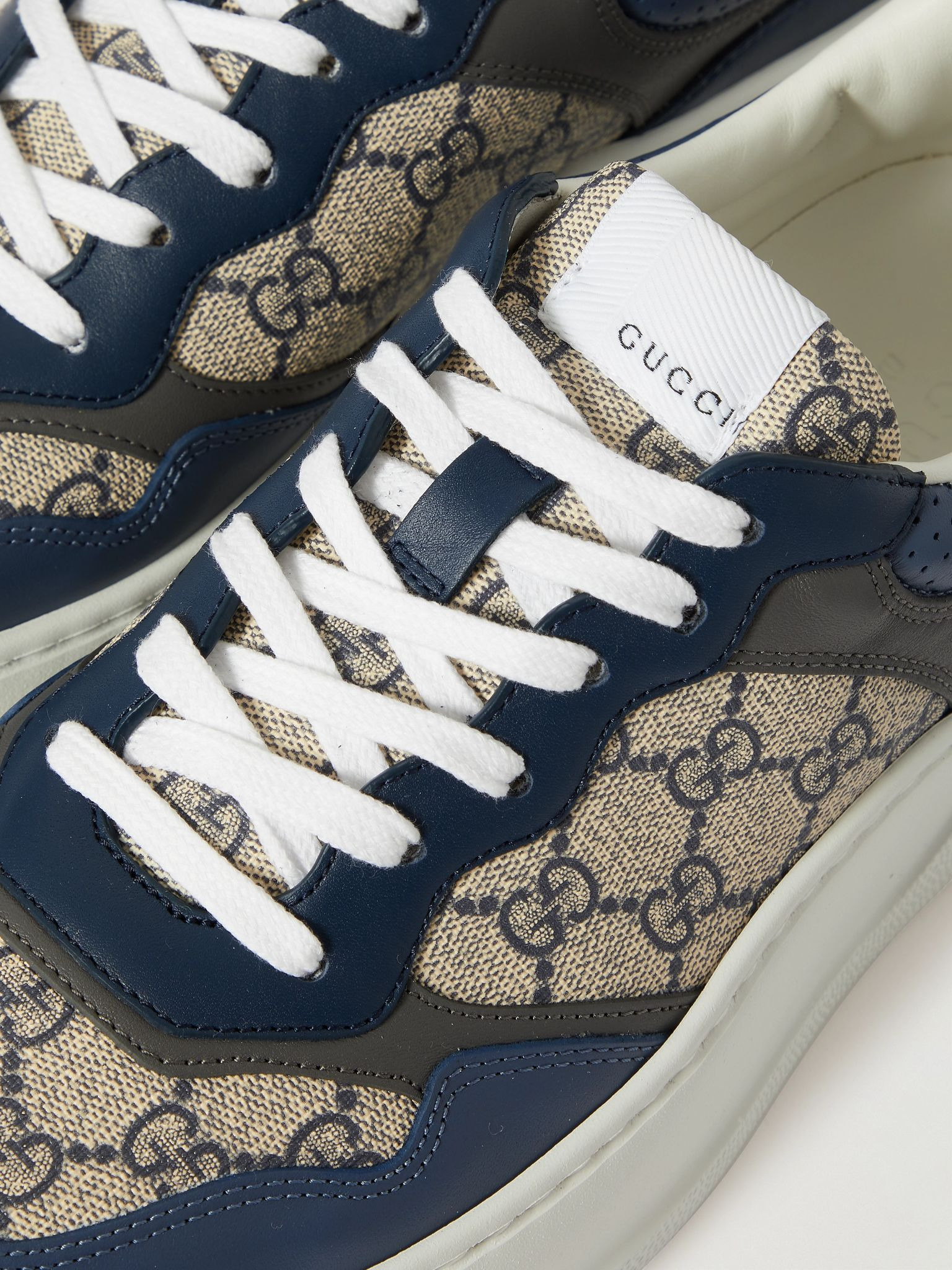 Monogrammed Coated-Canvas and Leather Sneakers Blue - 4