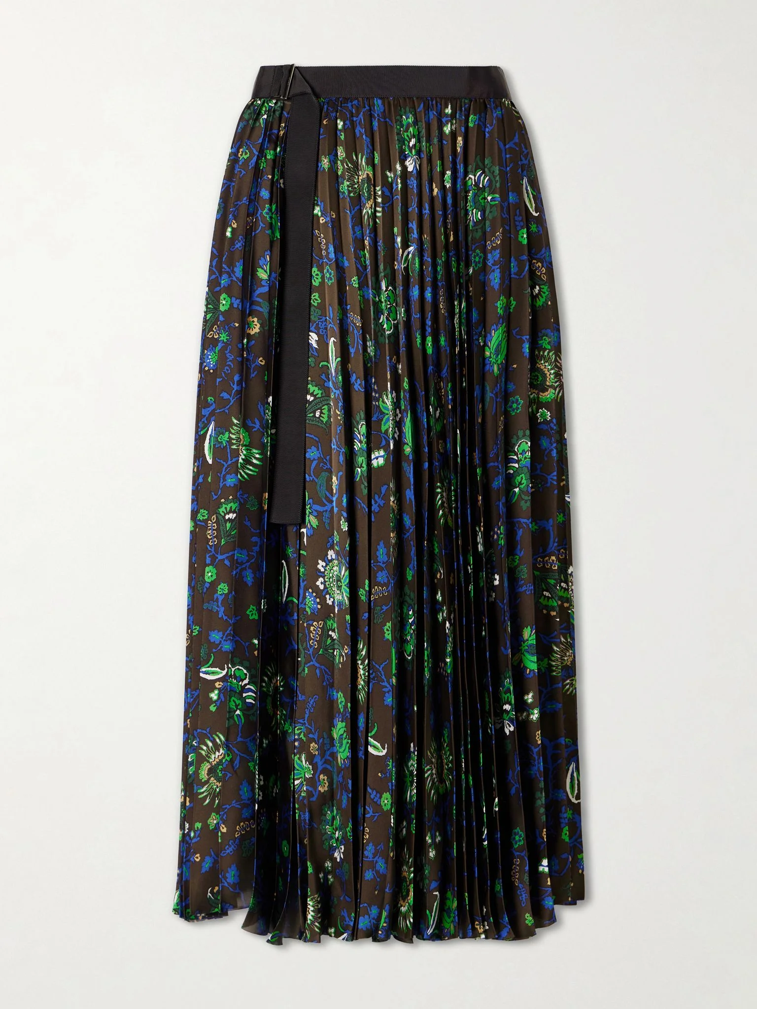 Belted grosgrain-trimmed pleated floral-print georgette midi skirt Black - 1