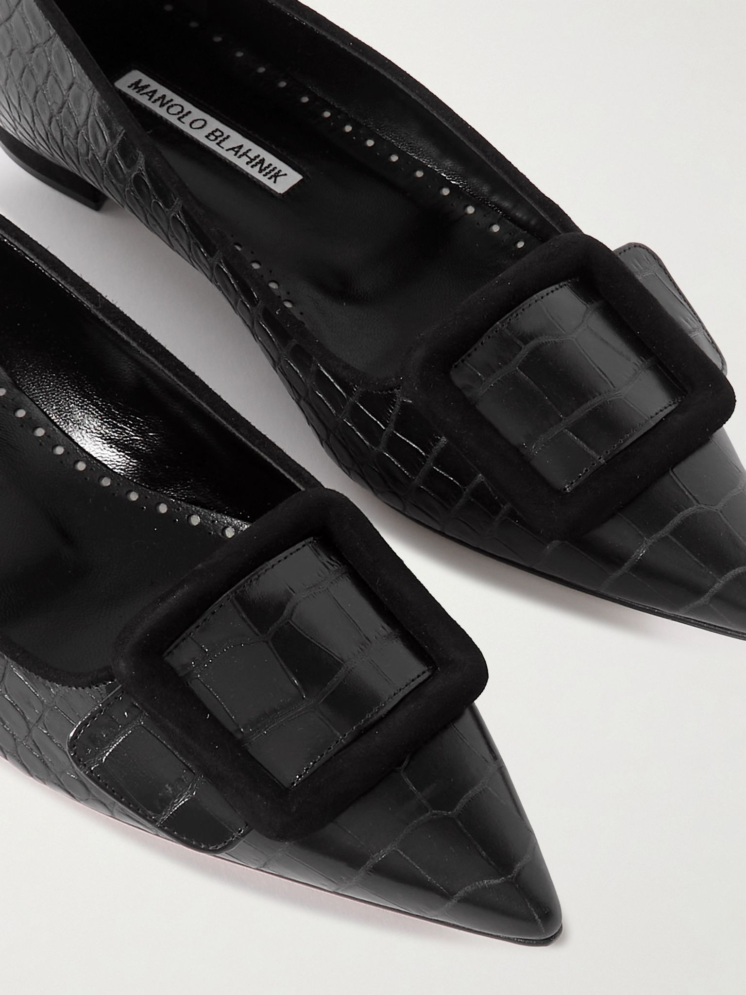 Maysale 10 buckled suede-trimmed croc-effect leather point-toe flats Black - 4