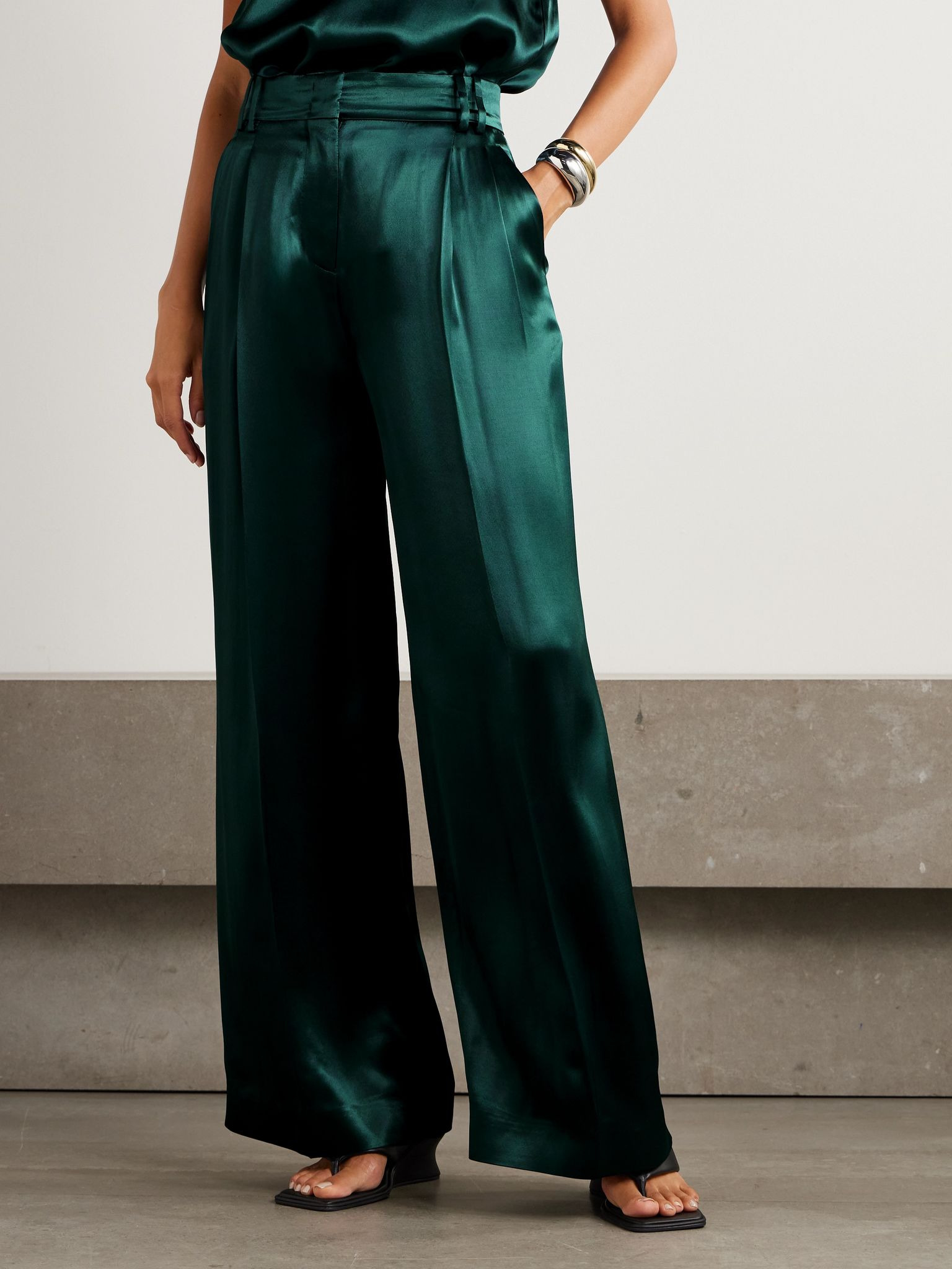 Pleated satin wide-leg pants Green - 3