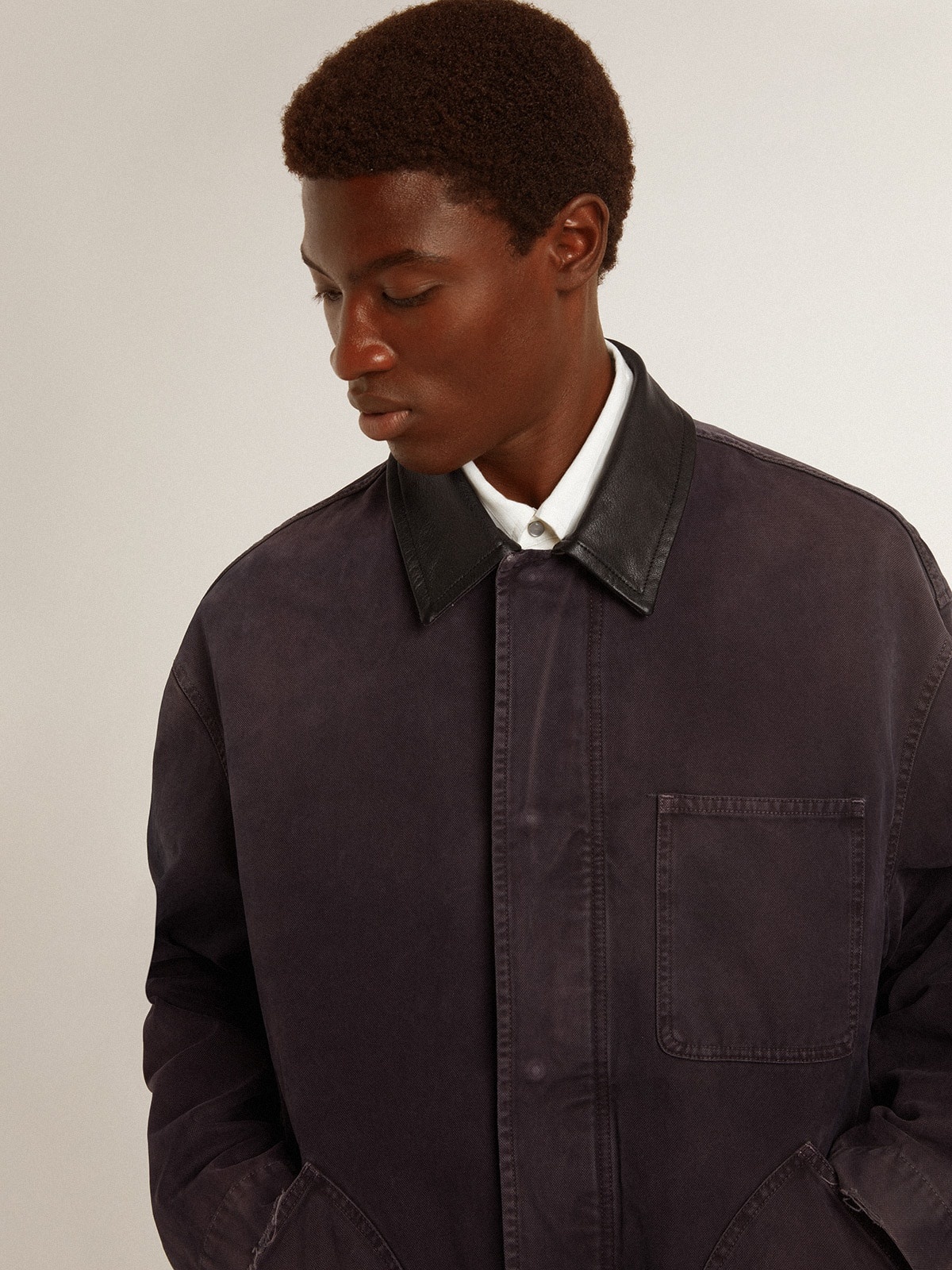 Men's denim jacket with distressed details and leather collar - 5