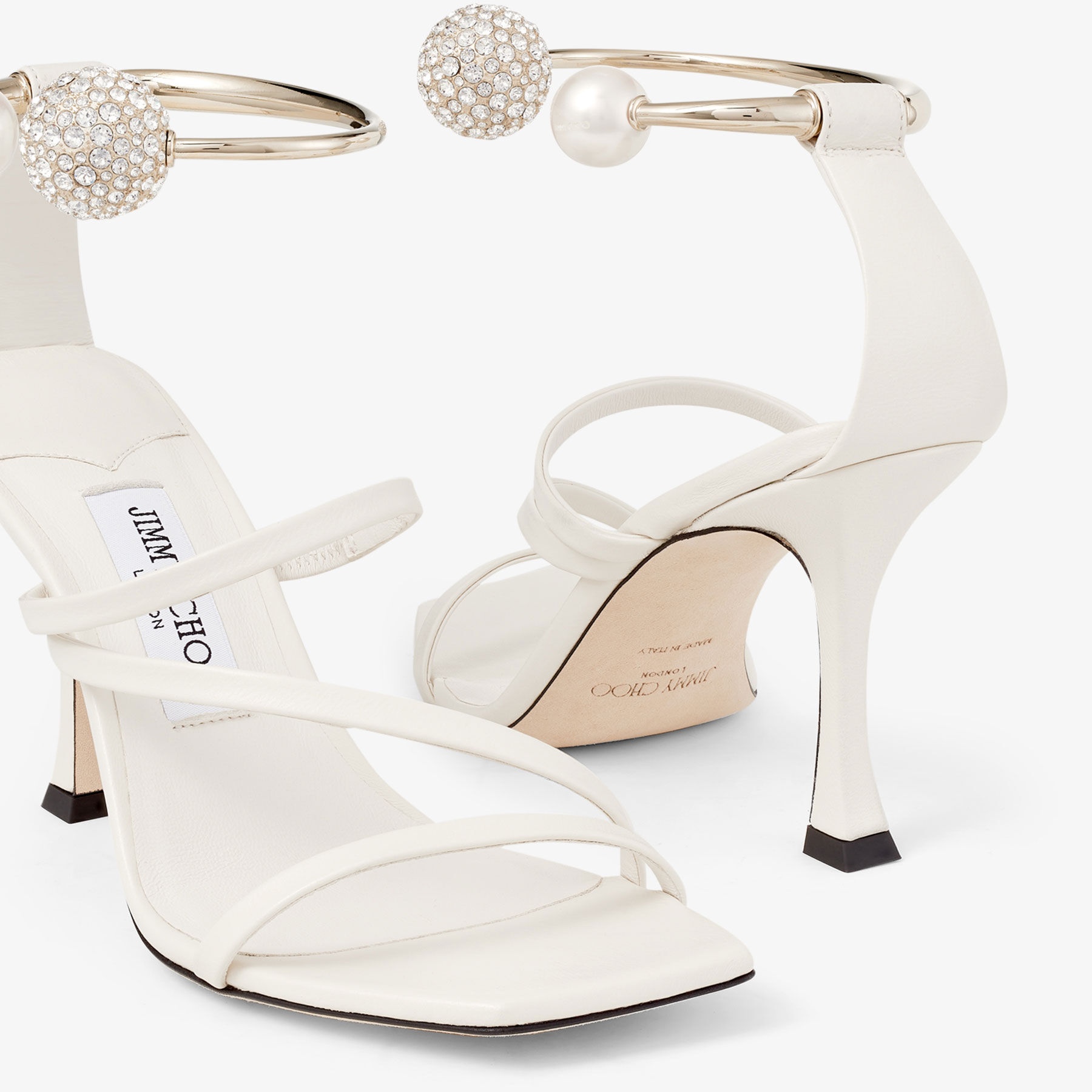 Ottilia 90
Latte Nappa Leather Sandals with Crystal and Pearl Strap - 3