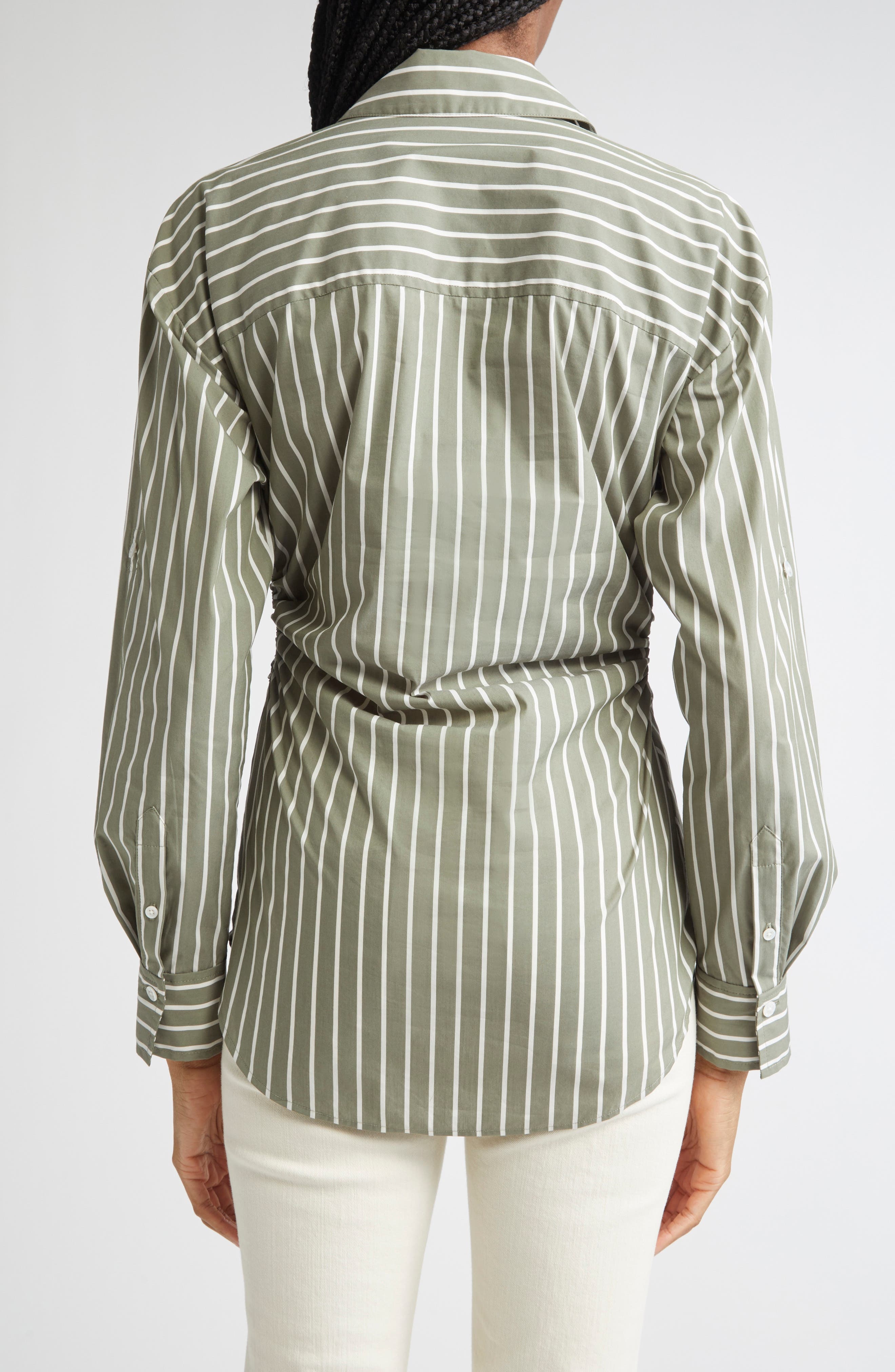 Veronica Beard Devra Stripe Ruched Cotton Blend Button-Up Shirt in Stone Army White at Nordstrom - 3