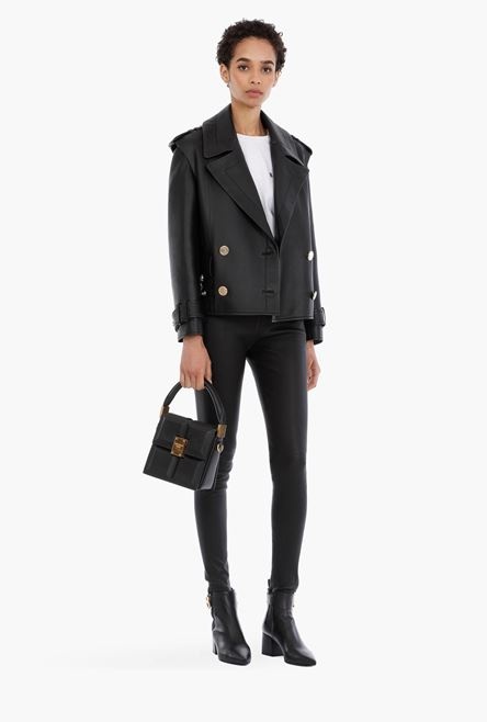 Black leather pea coat with gold-tone buttons - 2