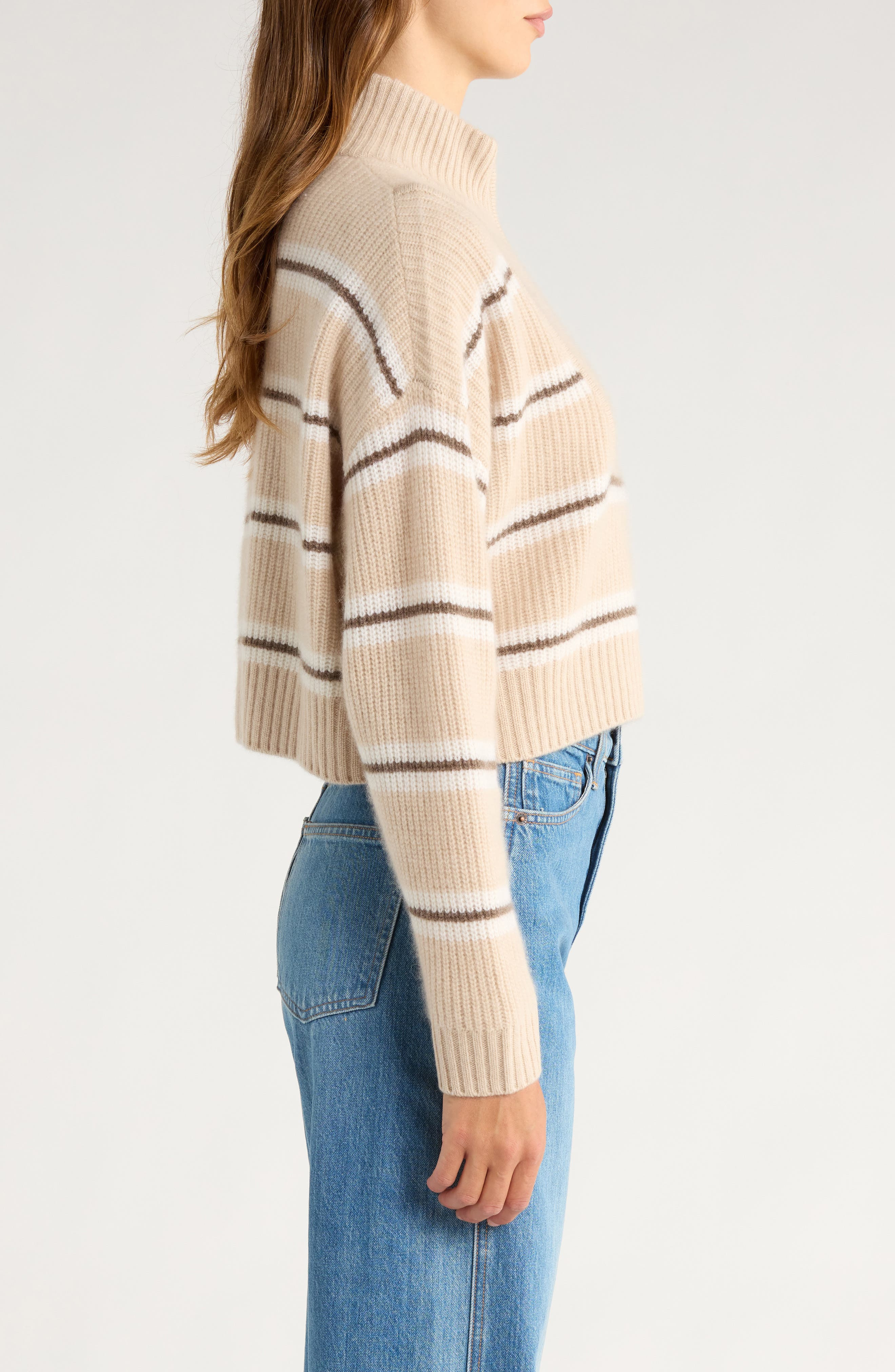 STAUD Hampton Crop Half Zip Cashmere Sweater in Whisper Stripe at Nordstrom - 3