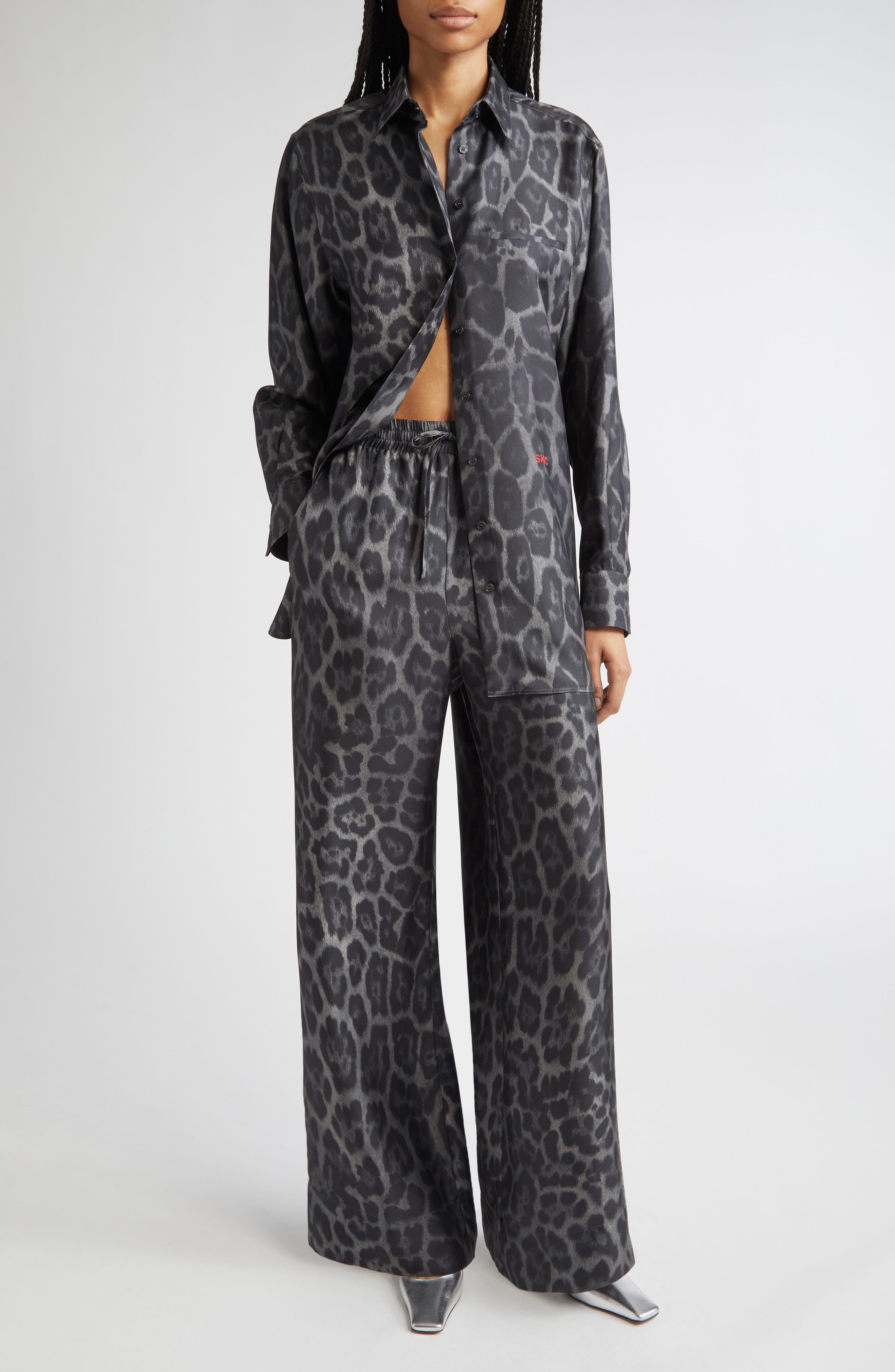 Stella McCartney Leopard Print Silk Button-Up Shirt in Ash Grey at Nordstrom - 2