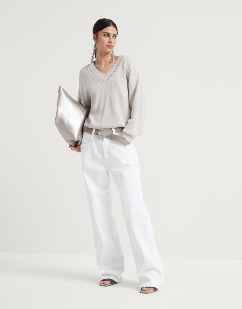 Cotton English rib sweater with shiny neckline 5