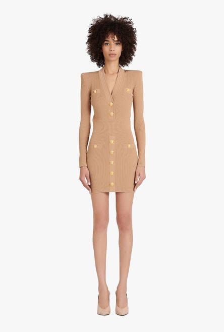 Short sand-colored eco-designed knit dress with gold-tone buttons - 4