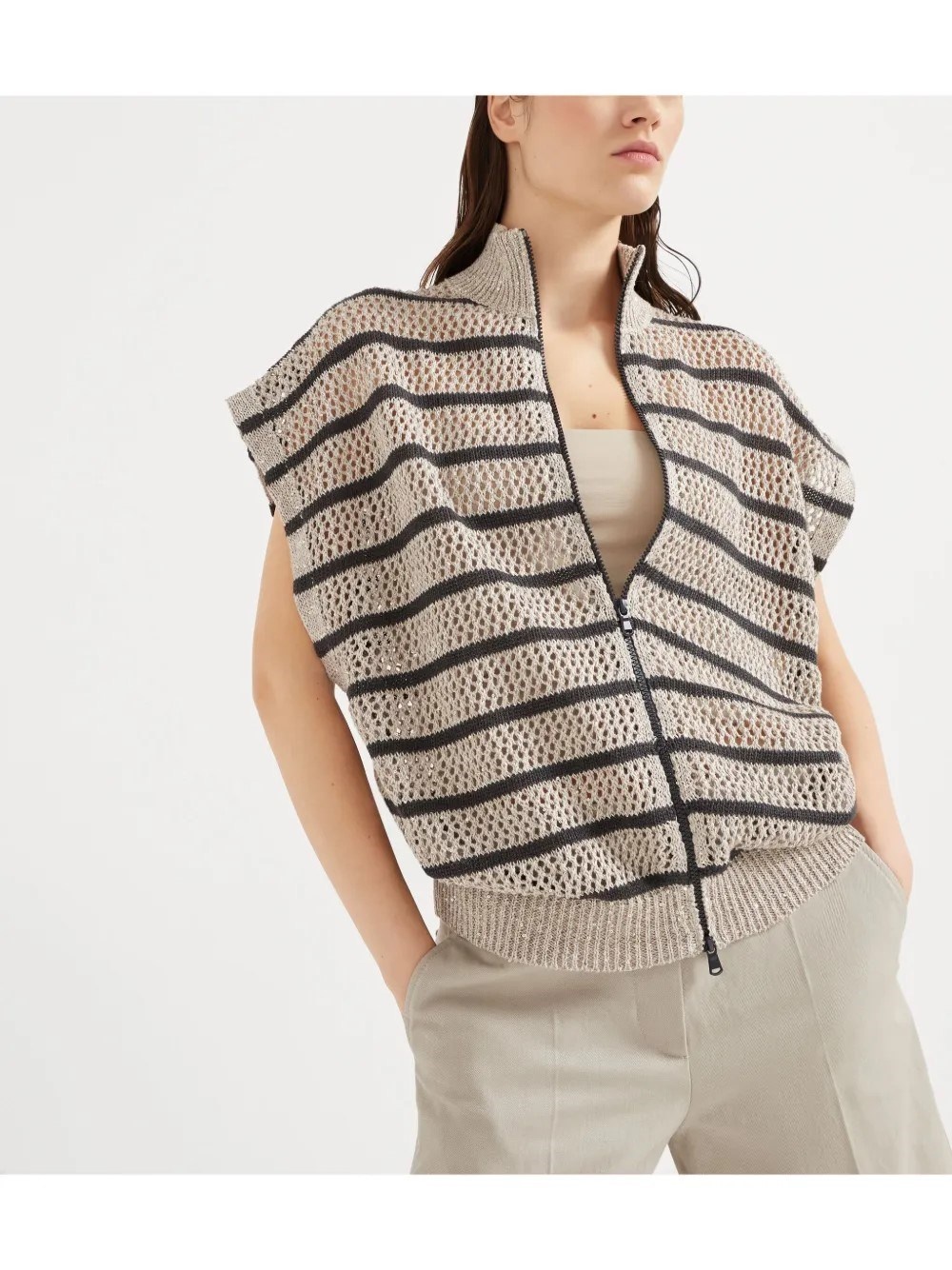 Brunello Cucinelli Linen dazzling striped net cardigan