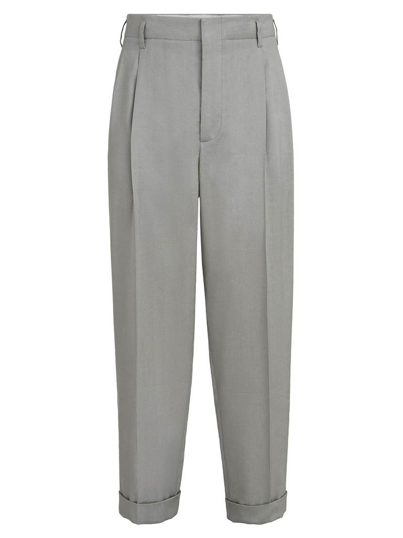 Men's Linen, Virgin Wool and Mohair Gabardine Trousers with Double Pleats - Khaki 1