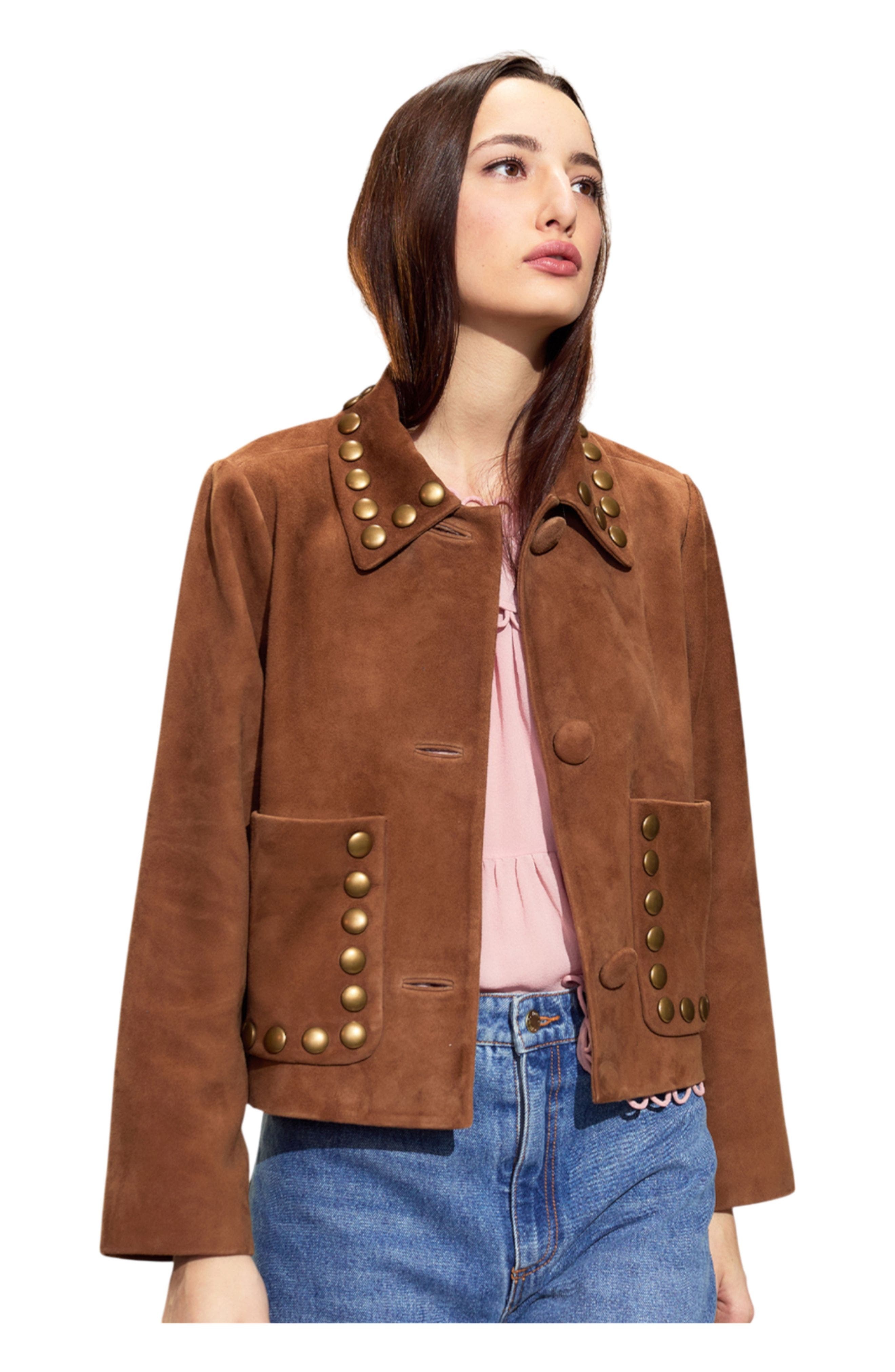 Cynthia Rowley Studded Suede Cropped Jacket in Brown at Nordstrom - 3
