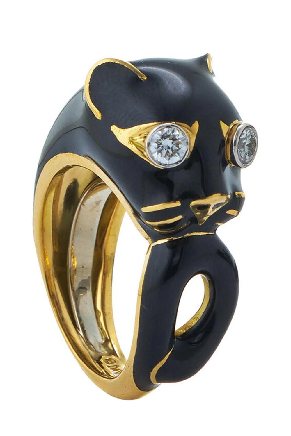 Diamond Black Cat Enamel Ring - 1