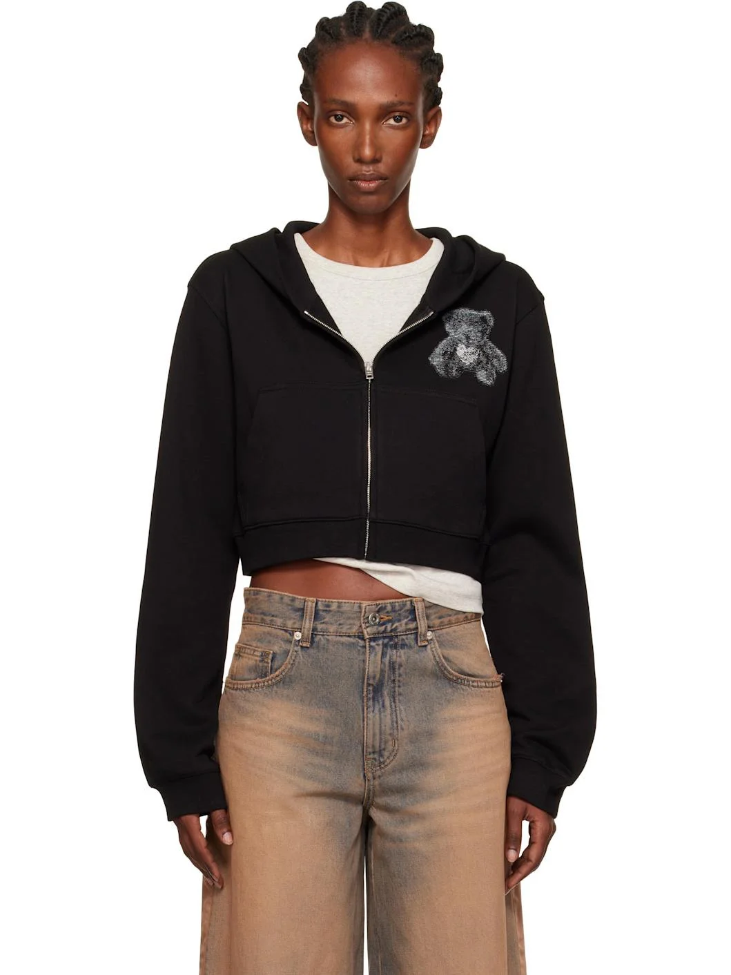 Black Teddy Bear Slim-Fit Zip-Up Hoodie - 1