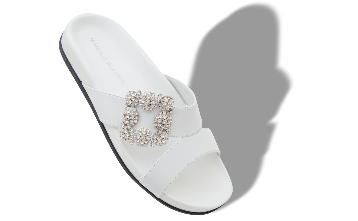 White Calf Leather Jewel Buckle Flat Mules - 2