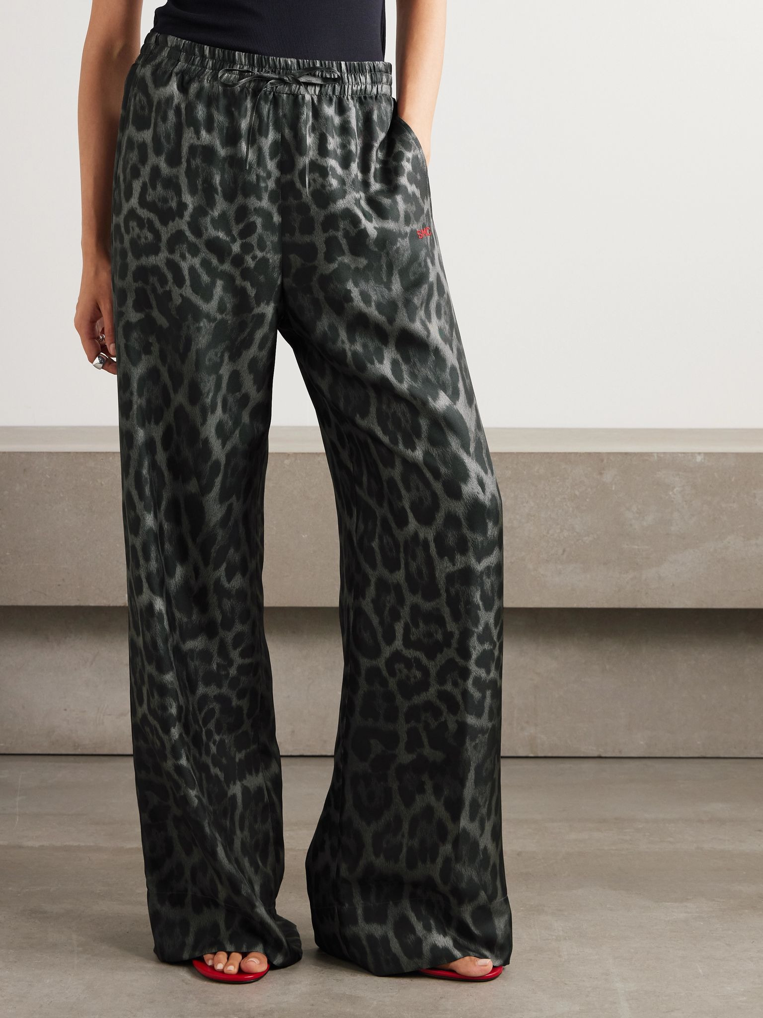 Leopard-print organic silk-satin wide-leg pants Dark gray - 3