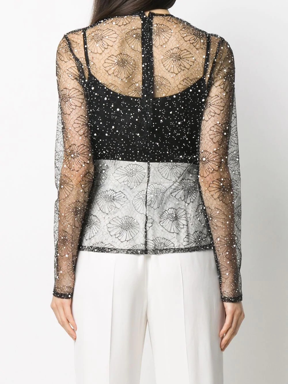 pearl-embellished sheer floral top - 4