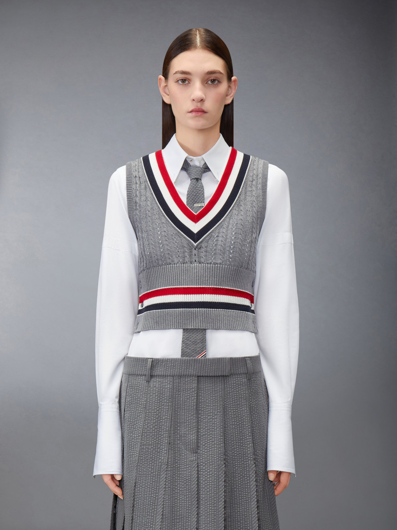 Thom Browne CRICKET RWB STRIPE BABY LADDER CABLE SHRUNKEN VEST outlook