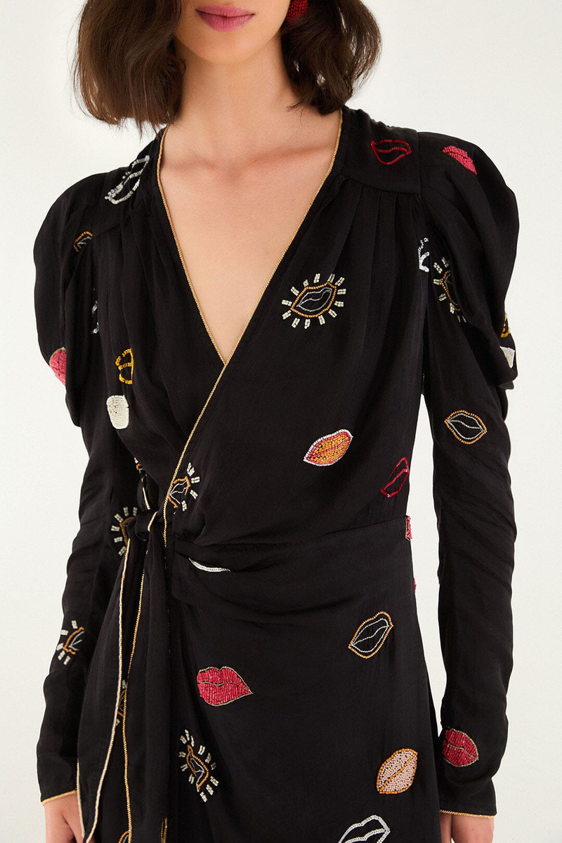 Black Beaded Kisses Lenzing™ Ecovero™ Viscose Wrap Mini Dress 3