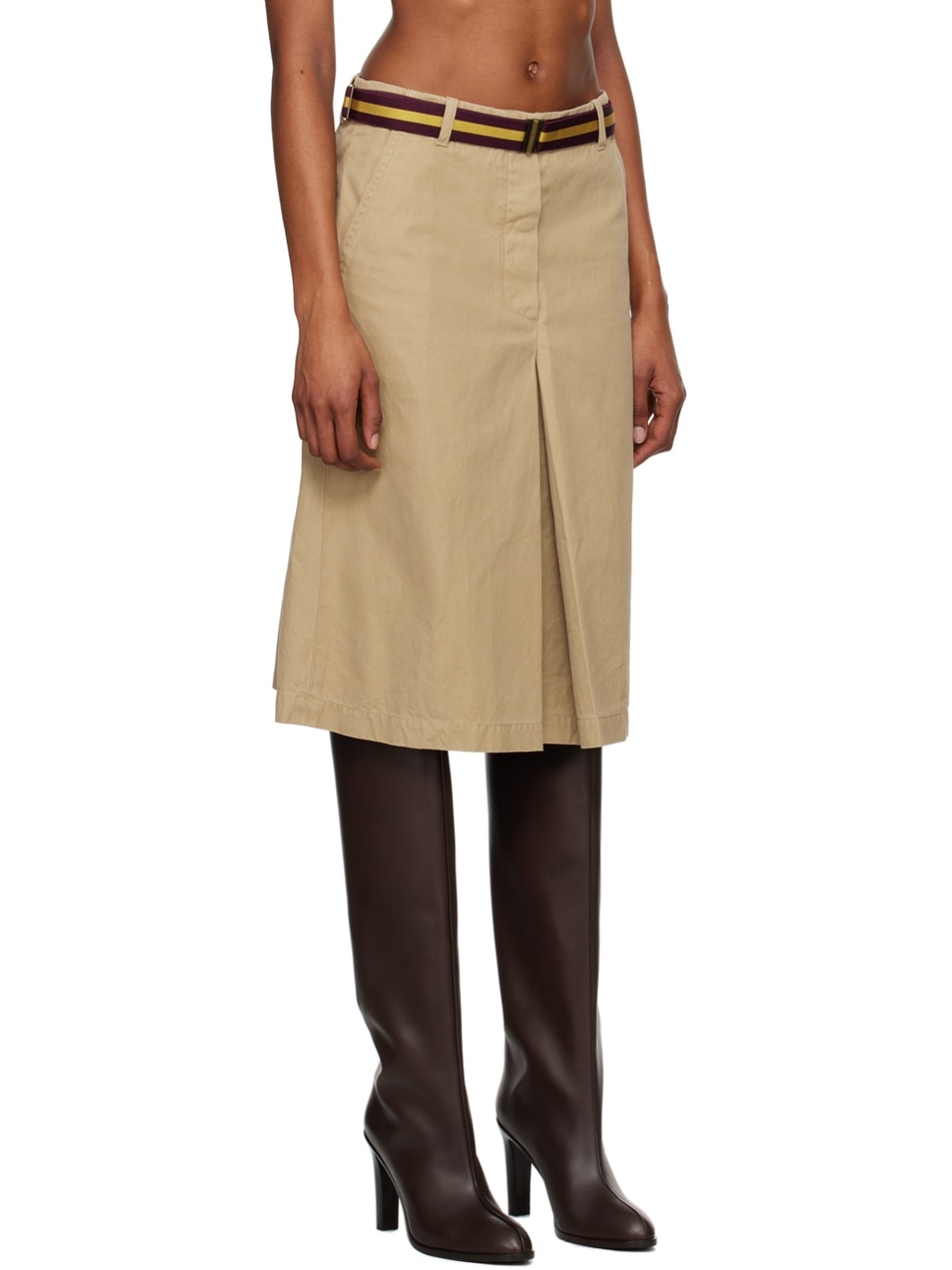 Beige Belted Midi Skirt - 2