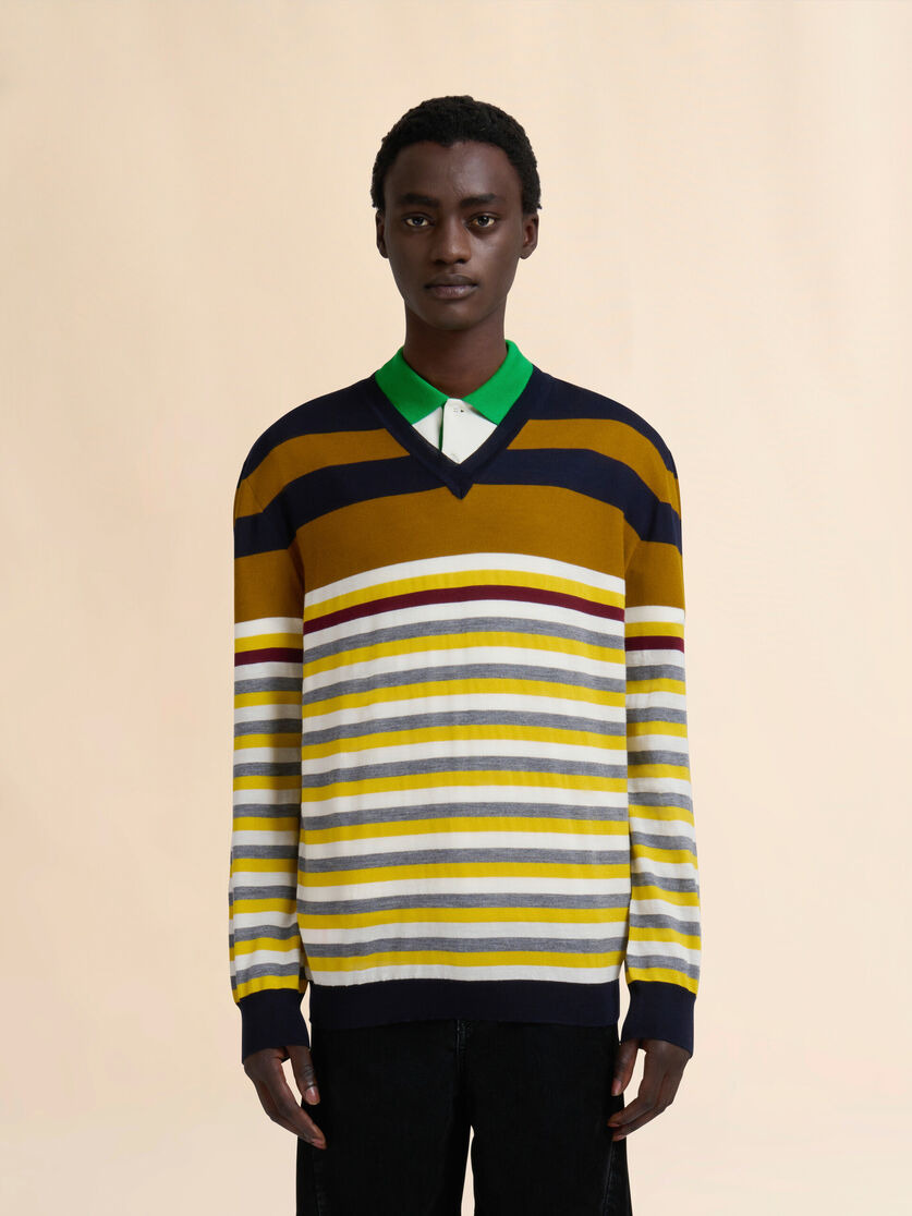 YELLOW WOOL SWEATER WITH MIXED STRIPES - 2