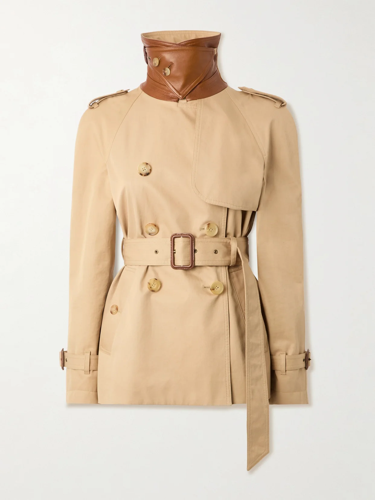 Double-breasted Leather-trimmed Cotton-gabardine Trench Coat - 1