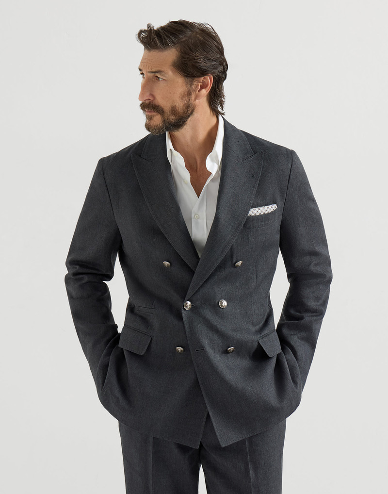 Linen and virgin wool chevron one-and-a-half breasted deconstructed blazer with metal buttons 2