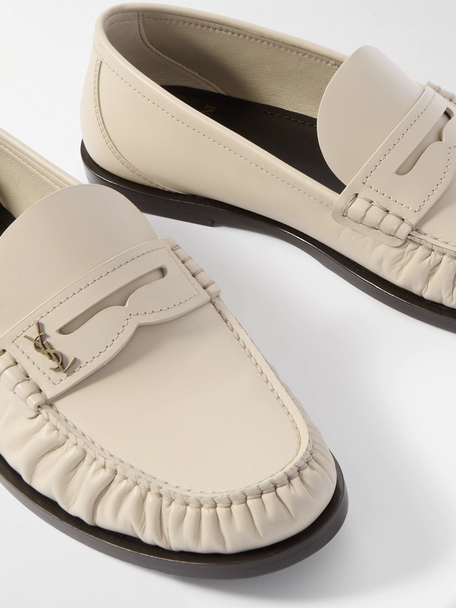 Laurent glossed-leather loafers Cream - 4