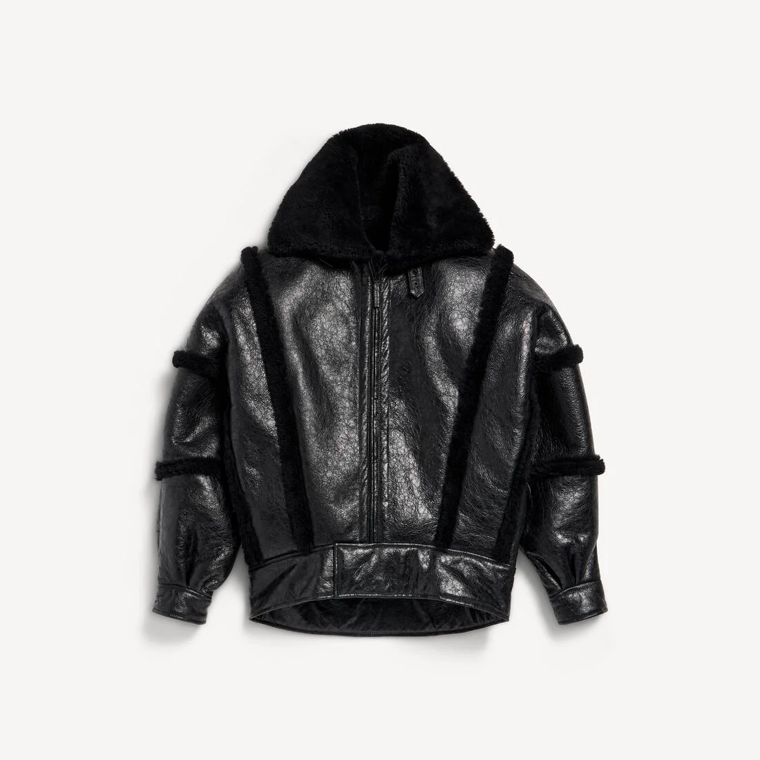 Men's High Collar Leather Jacket With Shearling Details And Lining in Black - 1