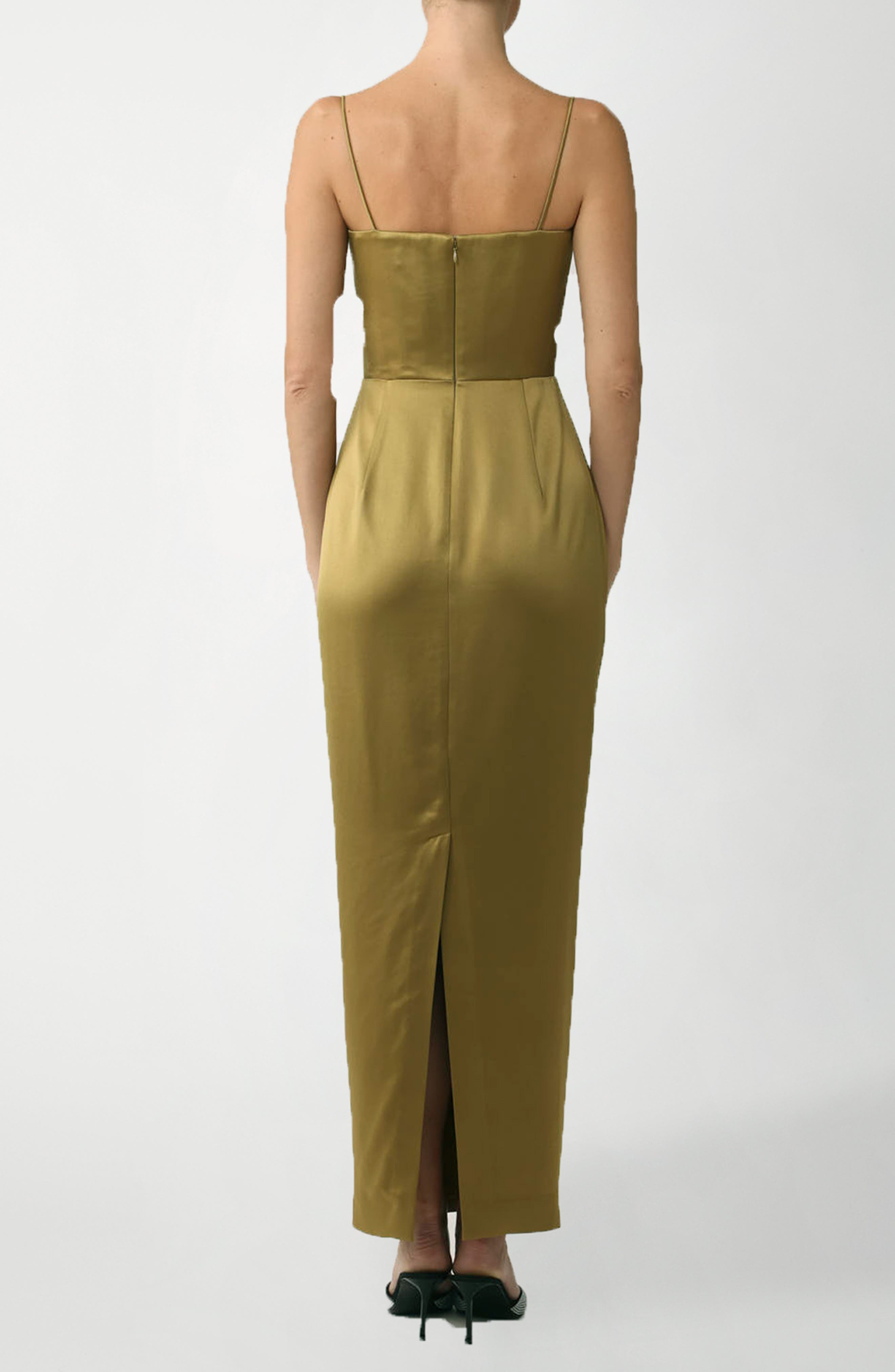 SAU LEE Taylor Knot Detail Satin Column Gown in Golden Olive at Nordstrom - 2