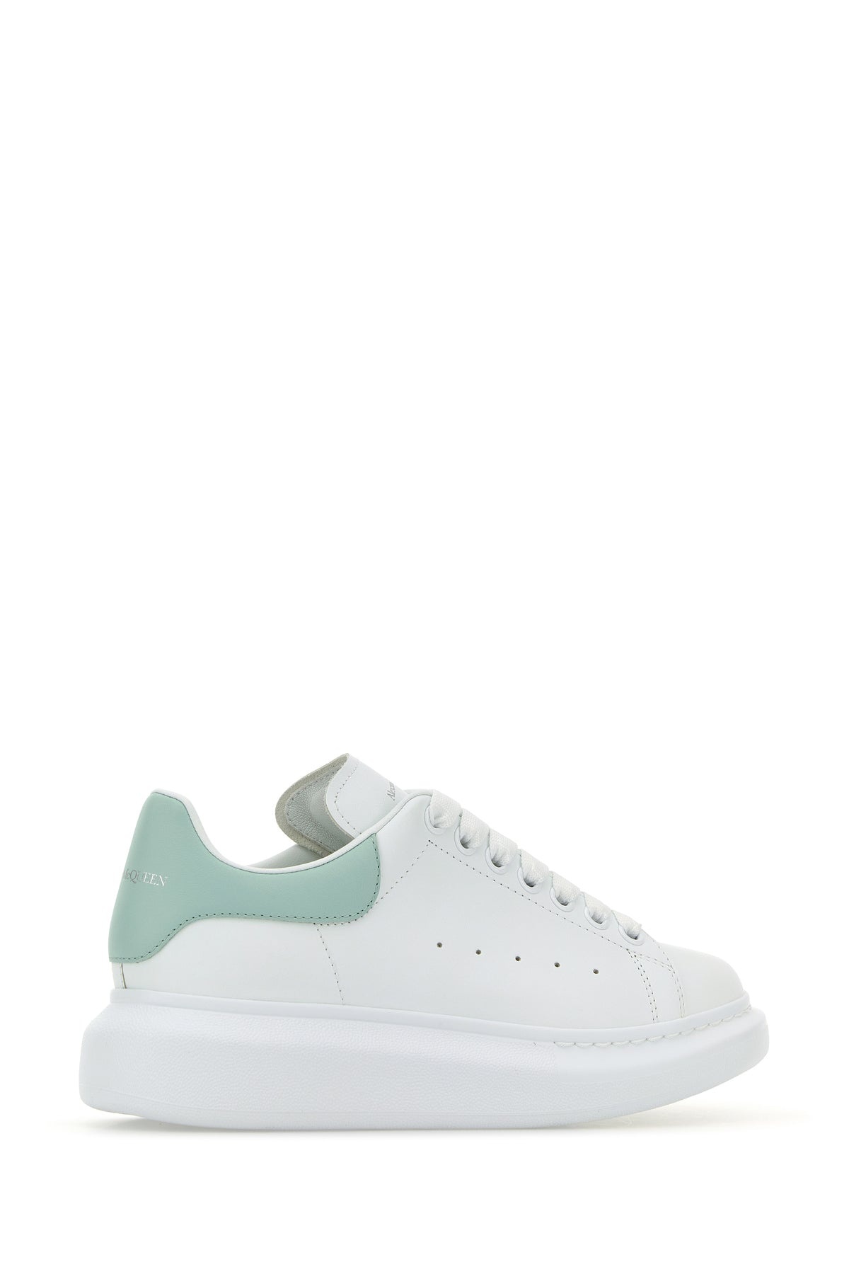 White leather sneakers with sea green leather heel - 3