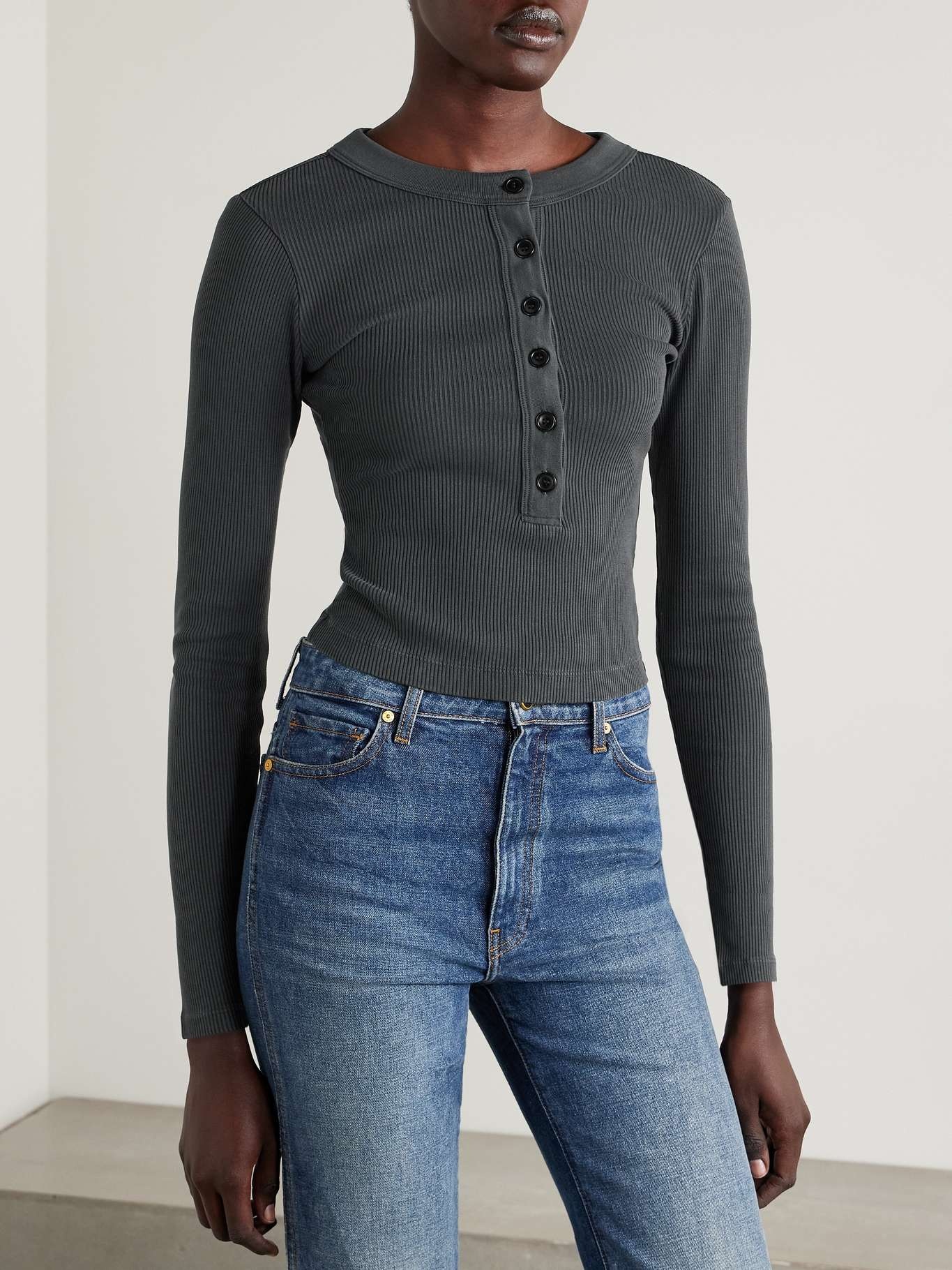 Varra ribbed jersey Henley top Charcoal - 3