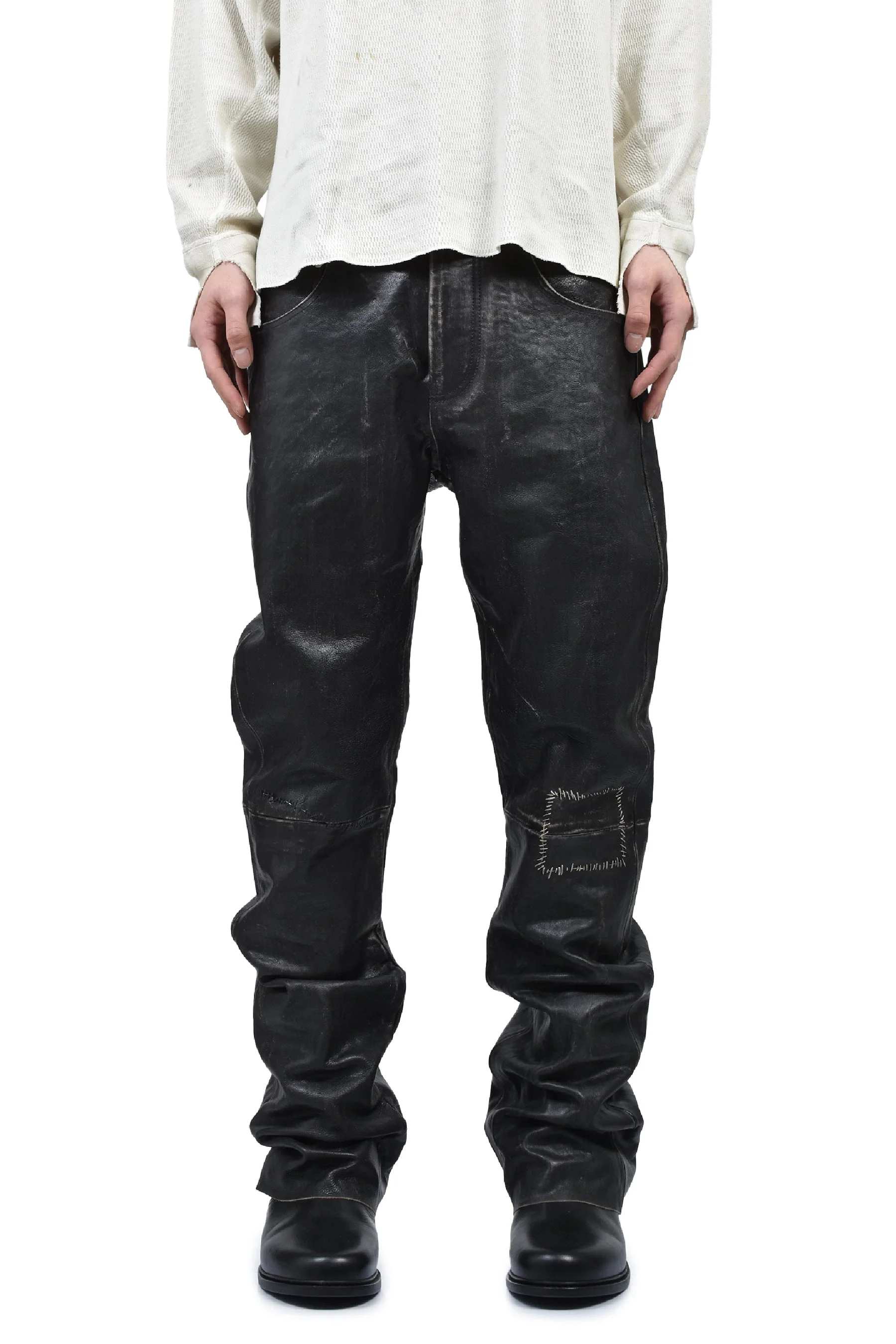 CRUST REPAIRED LEATHER FLARE JEANS / BLK SAND - 1
