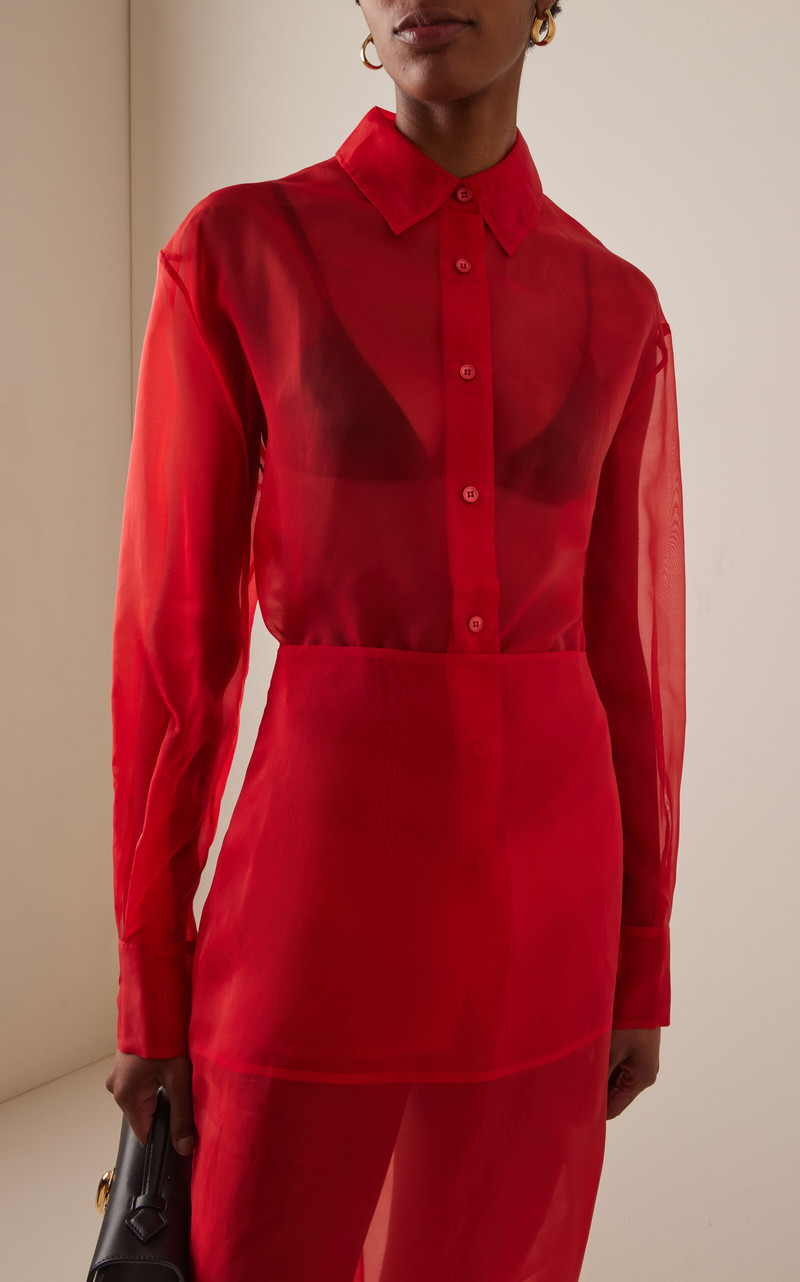 The Frankie Shop Peri Sheer Silk-Blend Shirt red outlook